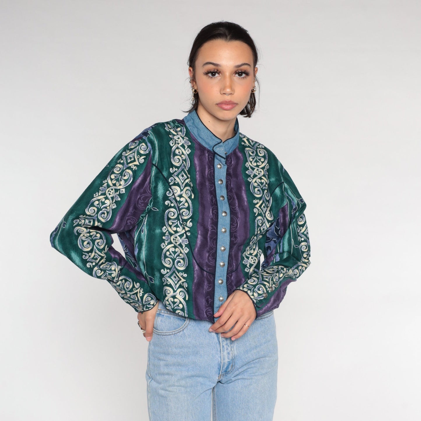 90s Wrangler Abstract Striped Button Up Blouse Long Sleeve High Neck Cotton Large