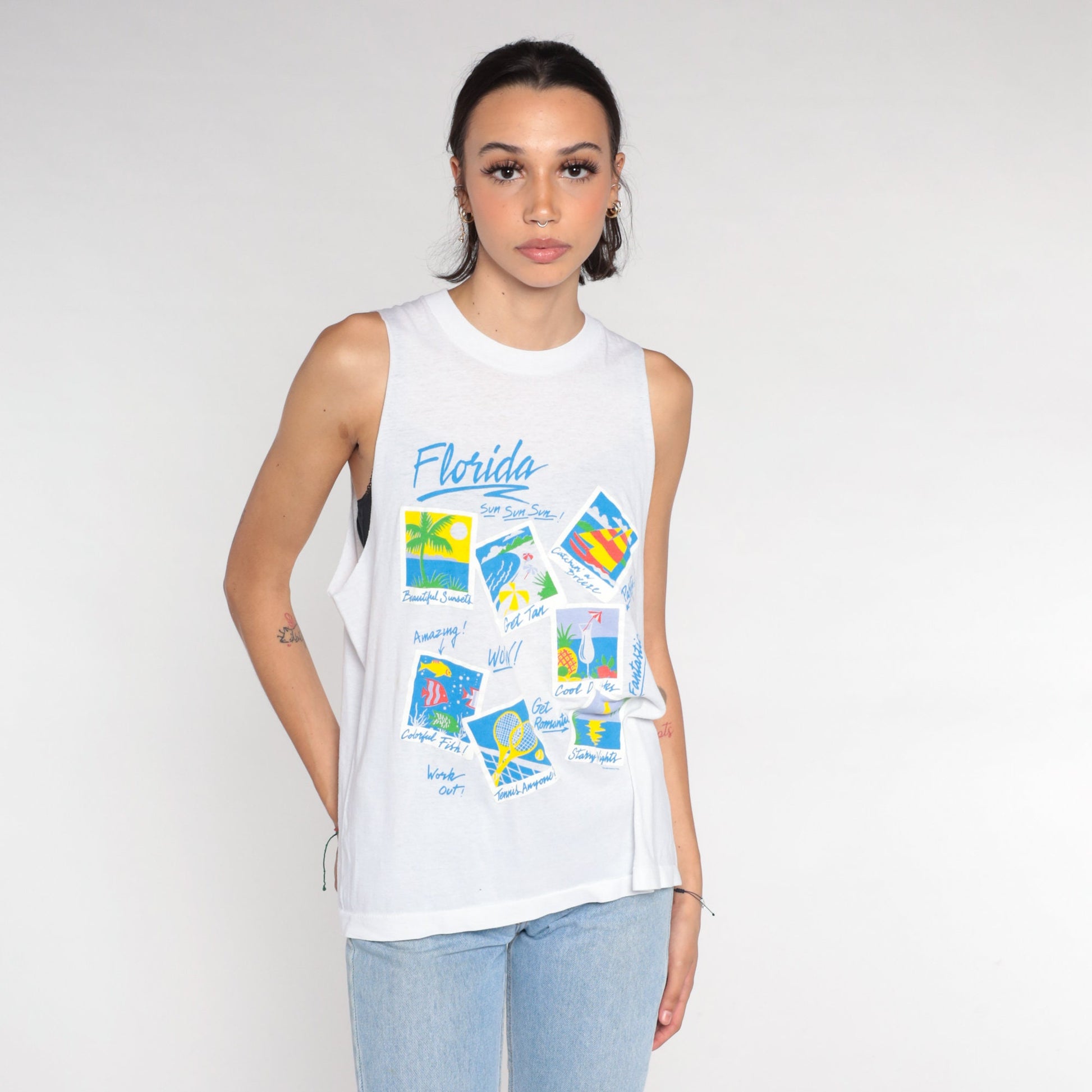 90s Florida Vacation Muscle Tank White Graphic Tourist Tee Small