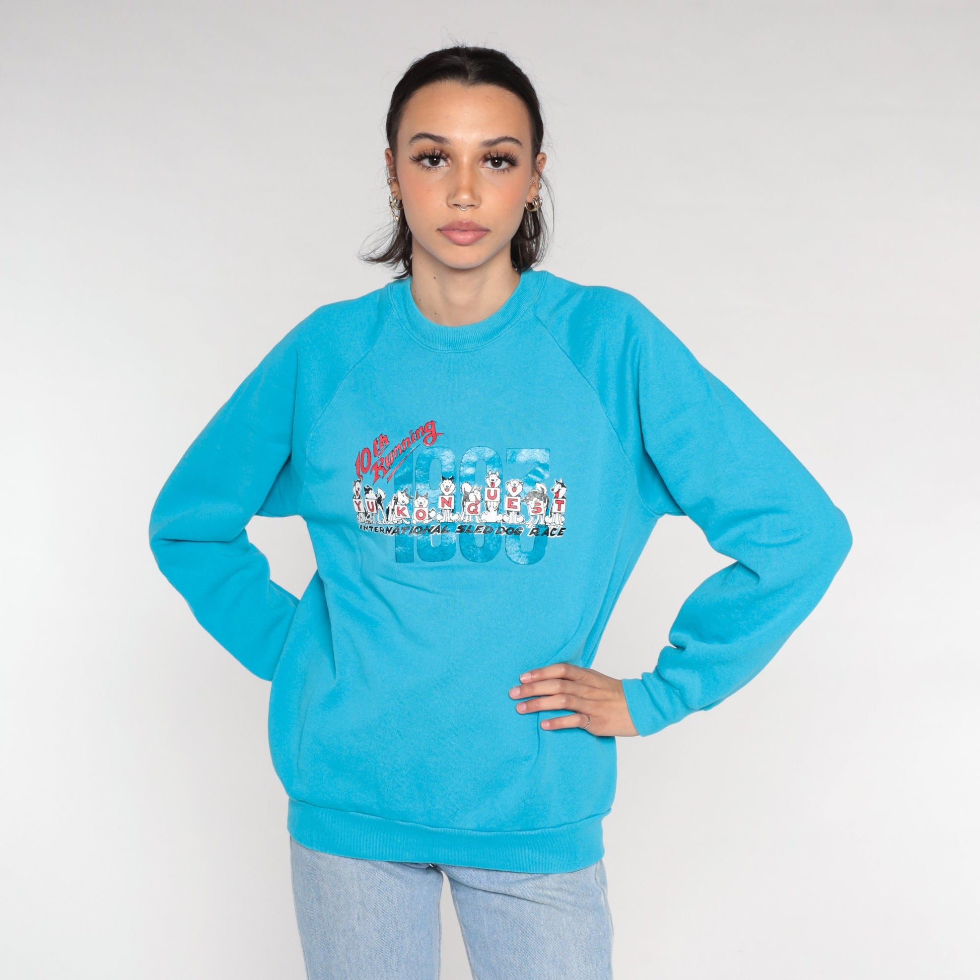 1993 Yukon Quest Dogsled Race Sweatshirt Blue Raglan Graphic Medium