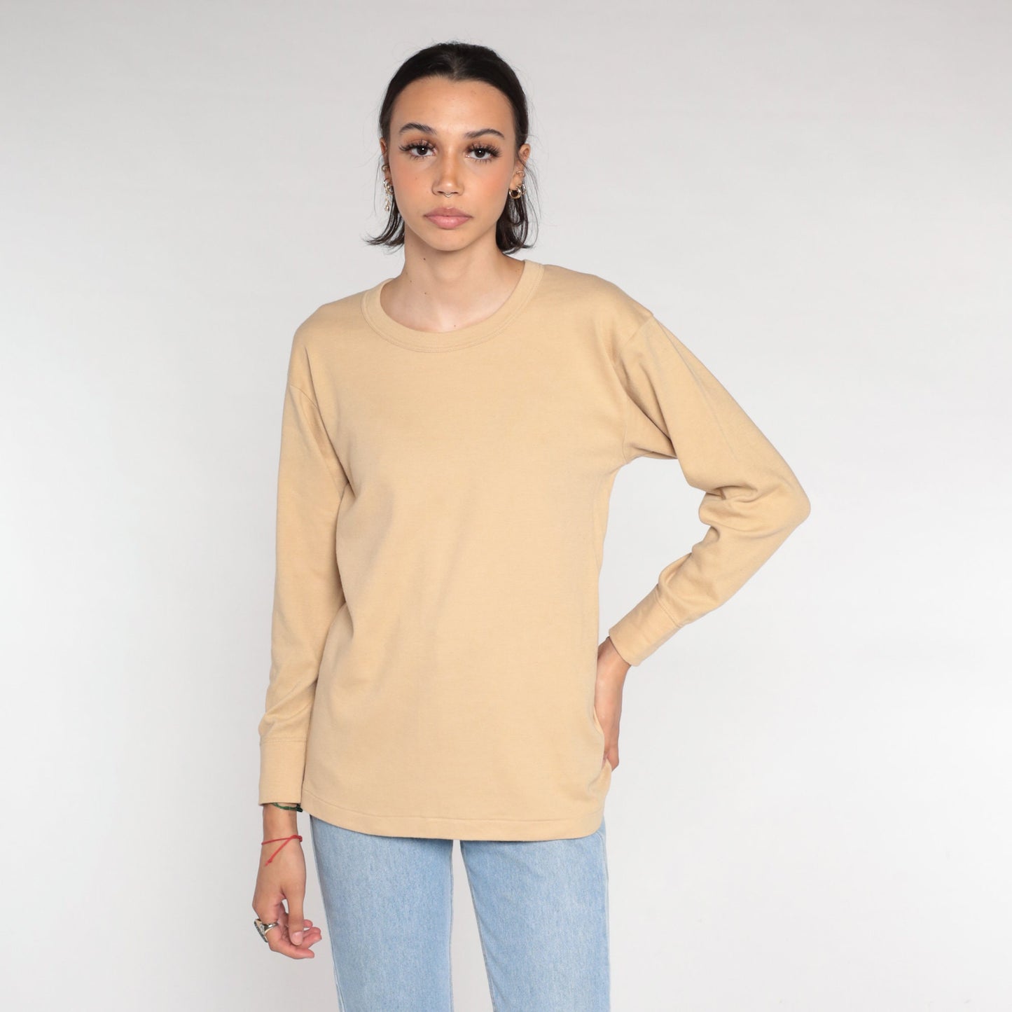 00s Tan Long Sleeve T-Shirt Plain Crewneck Cotton Blend Large L