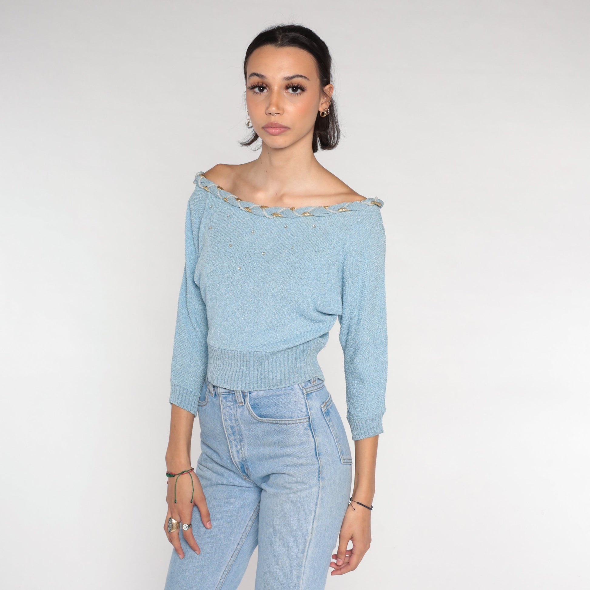 70s Dusty Blue Knit Sweater Off-Shoulder Sequin Beaded Pullover Small S