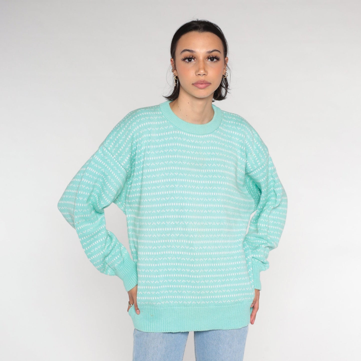 90s Eddie Bauer Seafoam Striped Knit Sweater Crewneck Cotton Medium