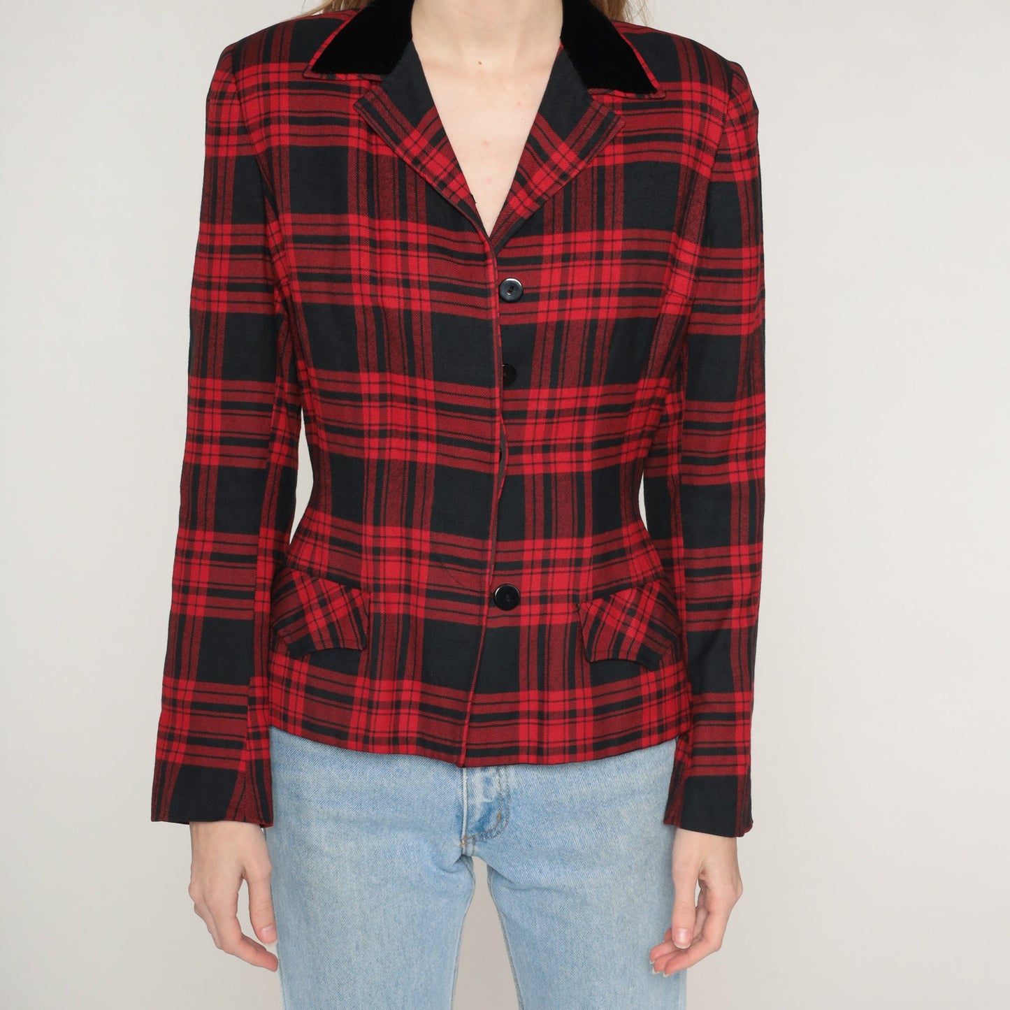 70s Marshall Field Red Plaid Wool Blazer Notched Collar Button Jacket Extra Small