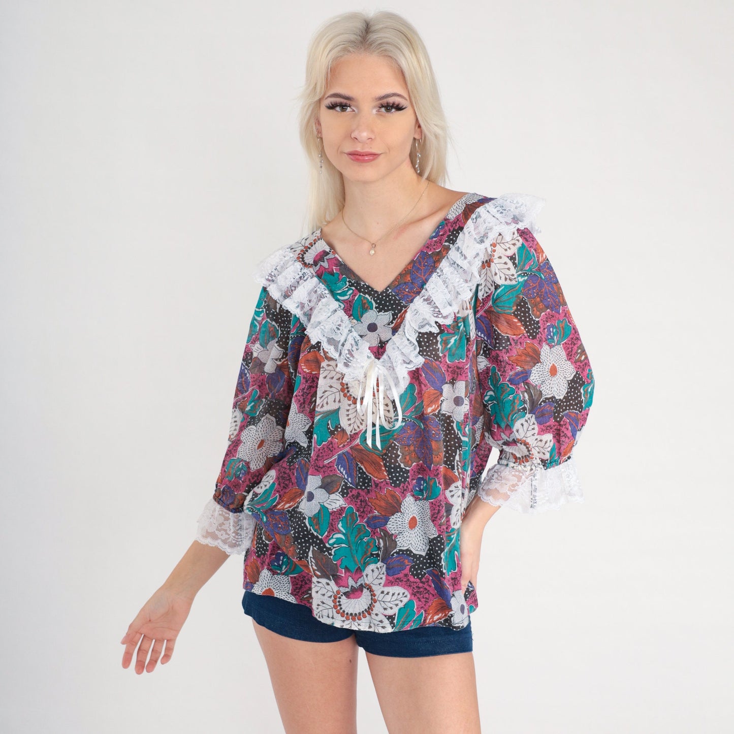 80s Floral Lace Blouse V-Neck Ruffle Tropical Print 3/4 Sleeve Large L