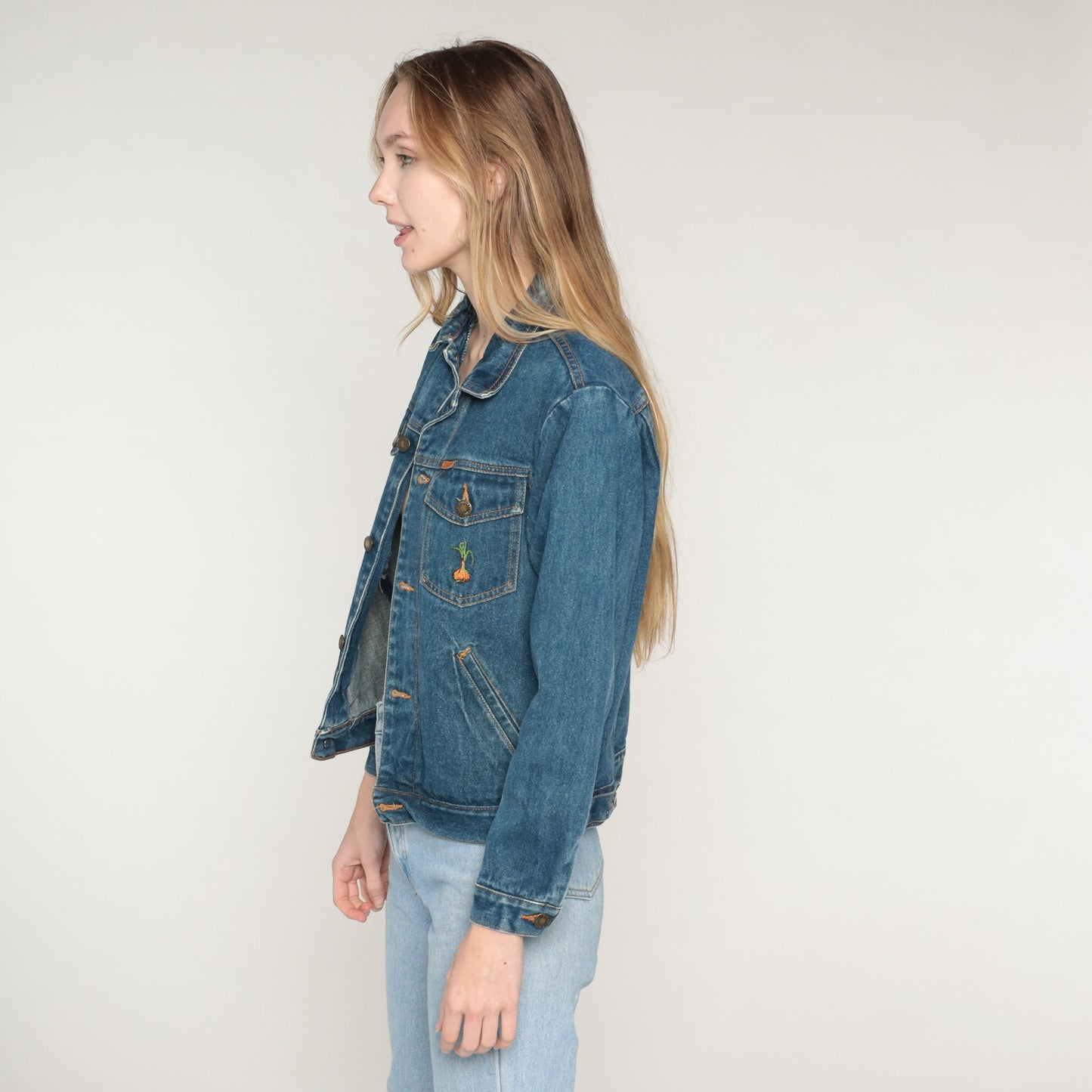 80s Blue Denim Jacket Embroidered Onion Chest Graphic Extra Small