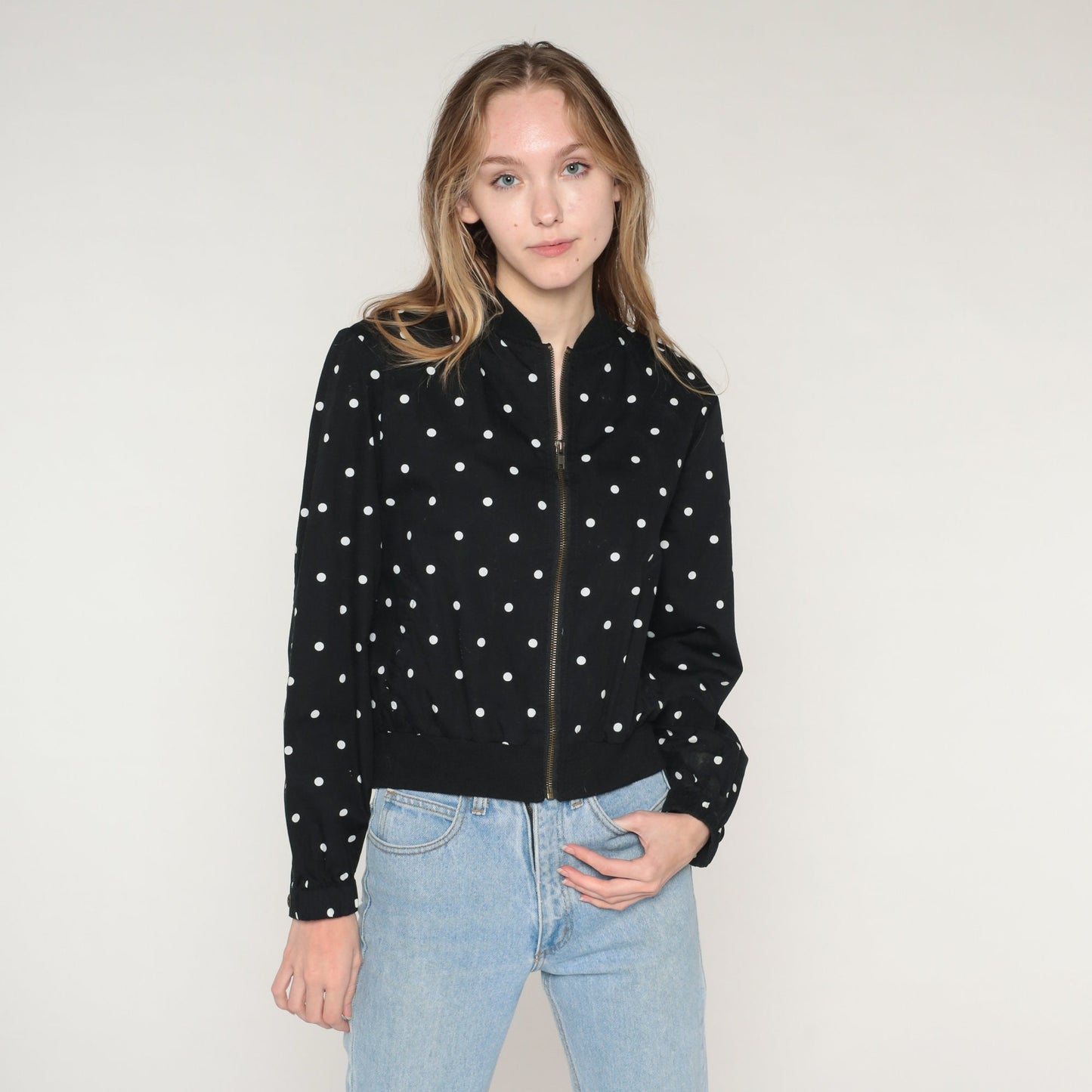 Y2K Black Cotton Zip Jacket White Polka Dot Print Small S