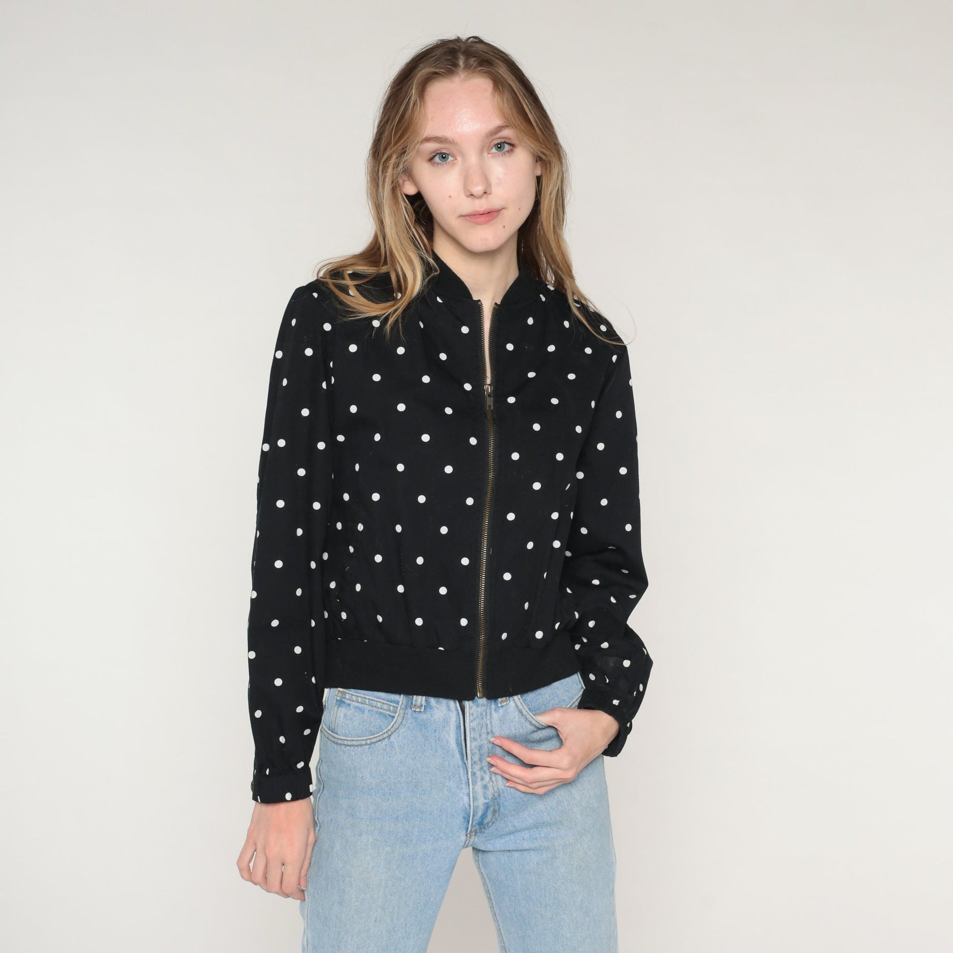 Y2K Black Cotton Zip Jacket White Polka Dot Print Small S