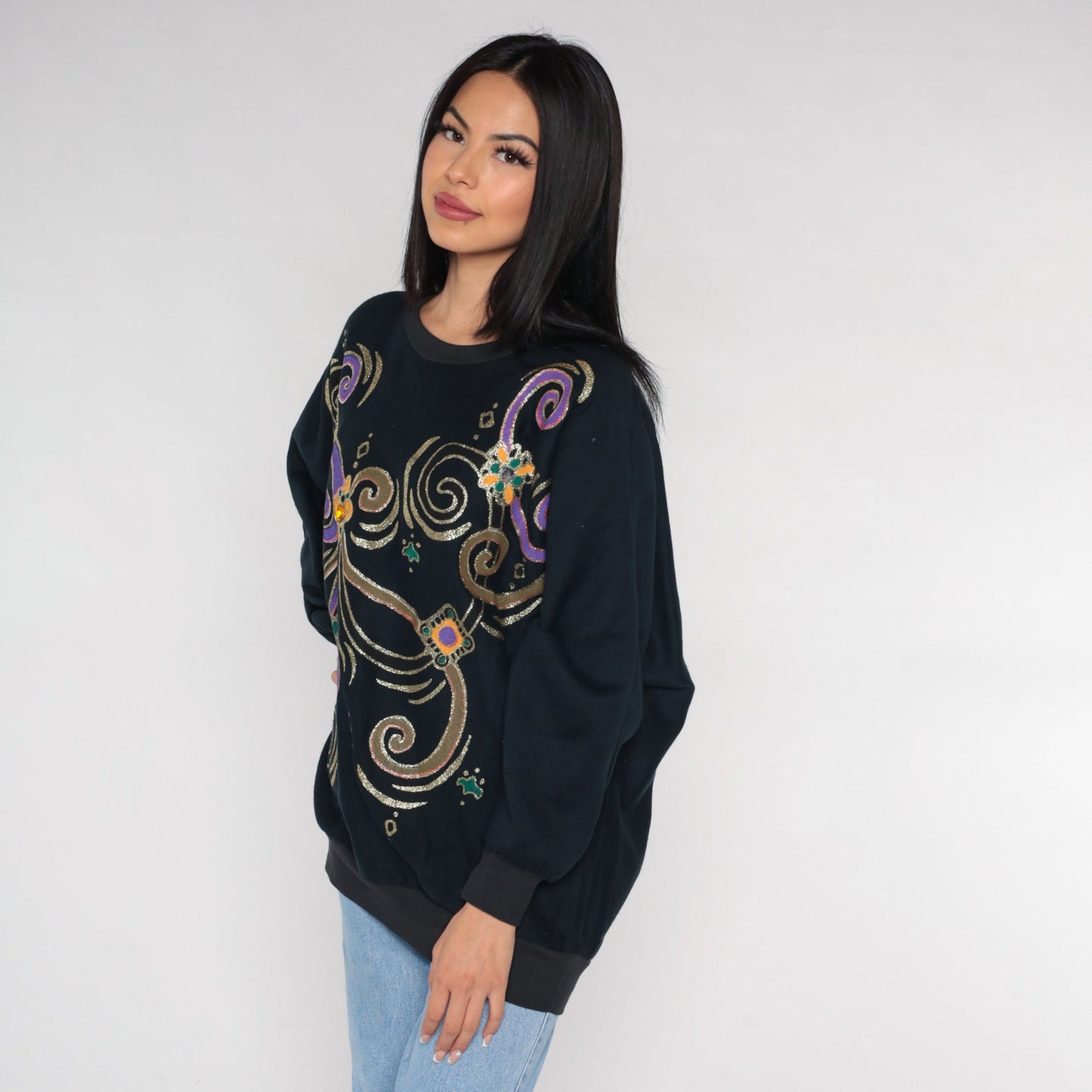 90s Black Sweatshirt Glitter Swirl Rhinestone Print Novelty Sweater Extra Large XXL
