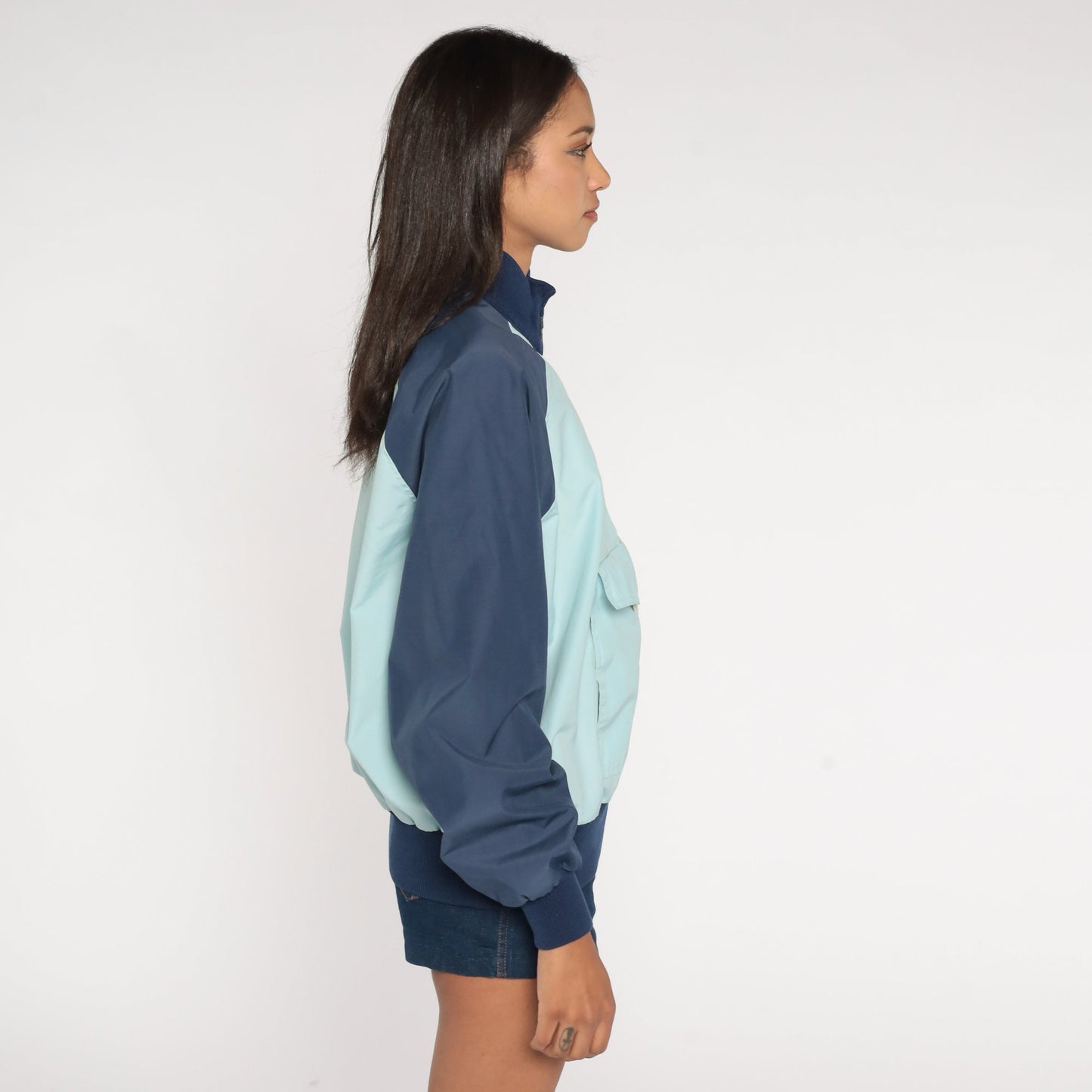 80s Baby Blue Navy Colour Block Half Zip Pullover Jacket Medium