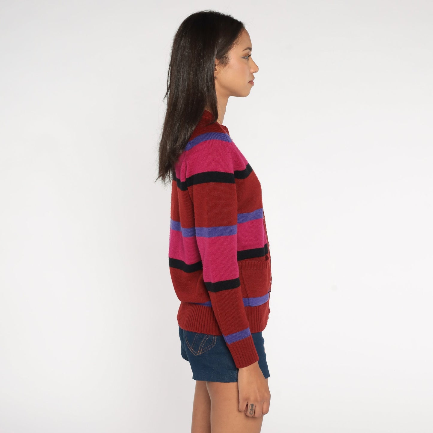 70s Striped Cardigan Rust Red Pink Purple V-Neck Button-Up Knit Small