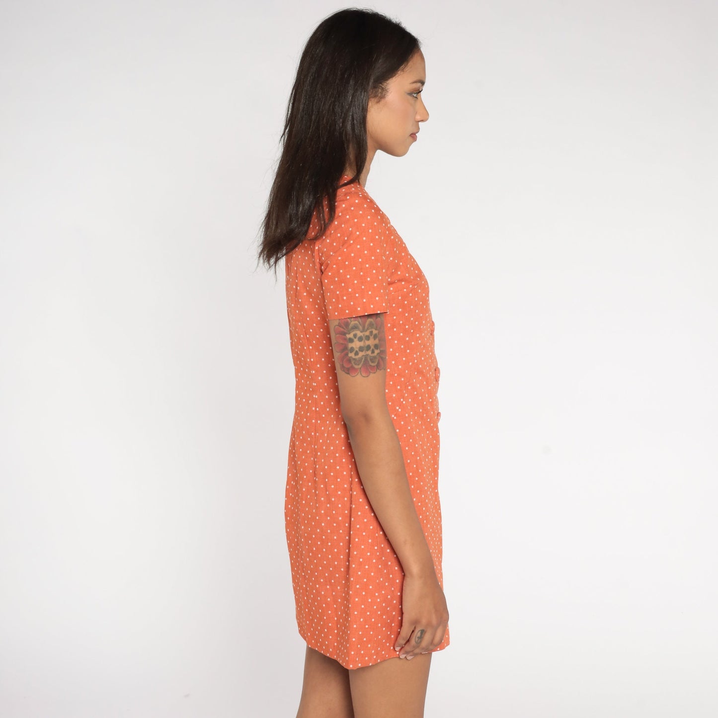 60s Orange Polka Dot Shift Dress Mini Button-Up Short Sleeve Extra Small
