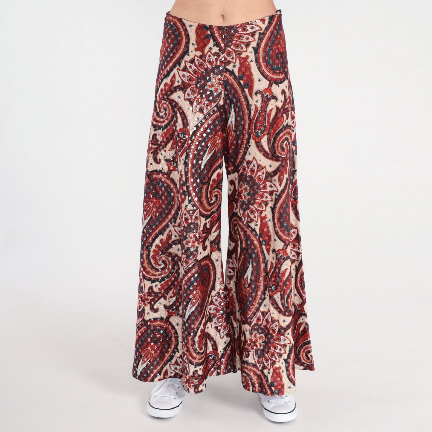 70s Paisley Metallic Bell Bottom Pants High Waisted Red Cream Small