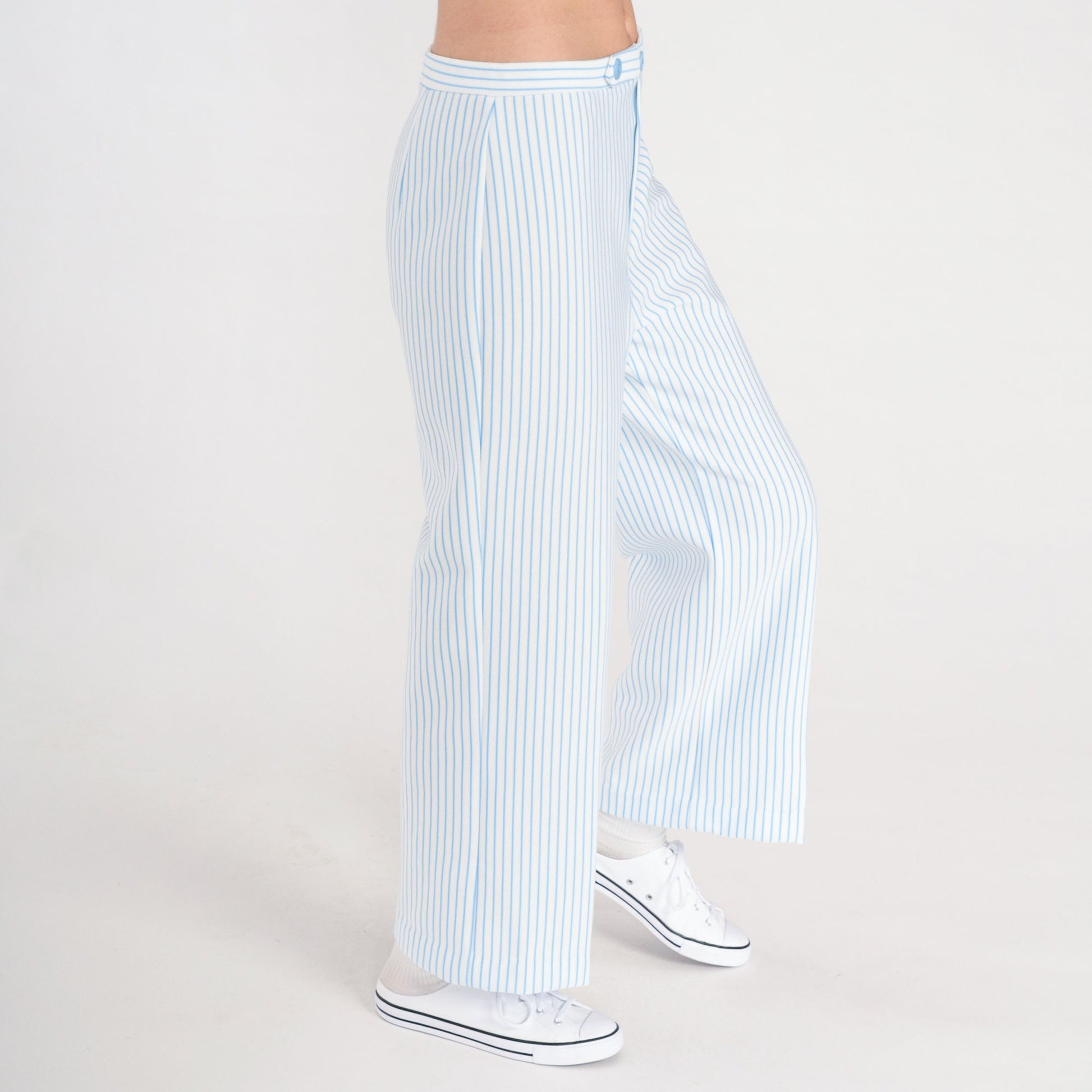 70s White Blue Striped High Rise Straight Leg Trousers Medium 29
