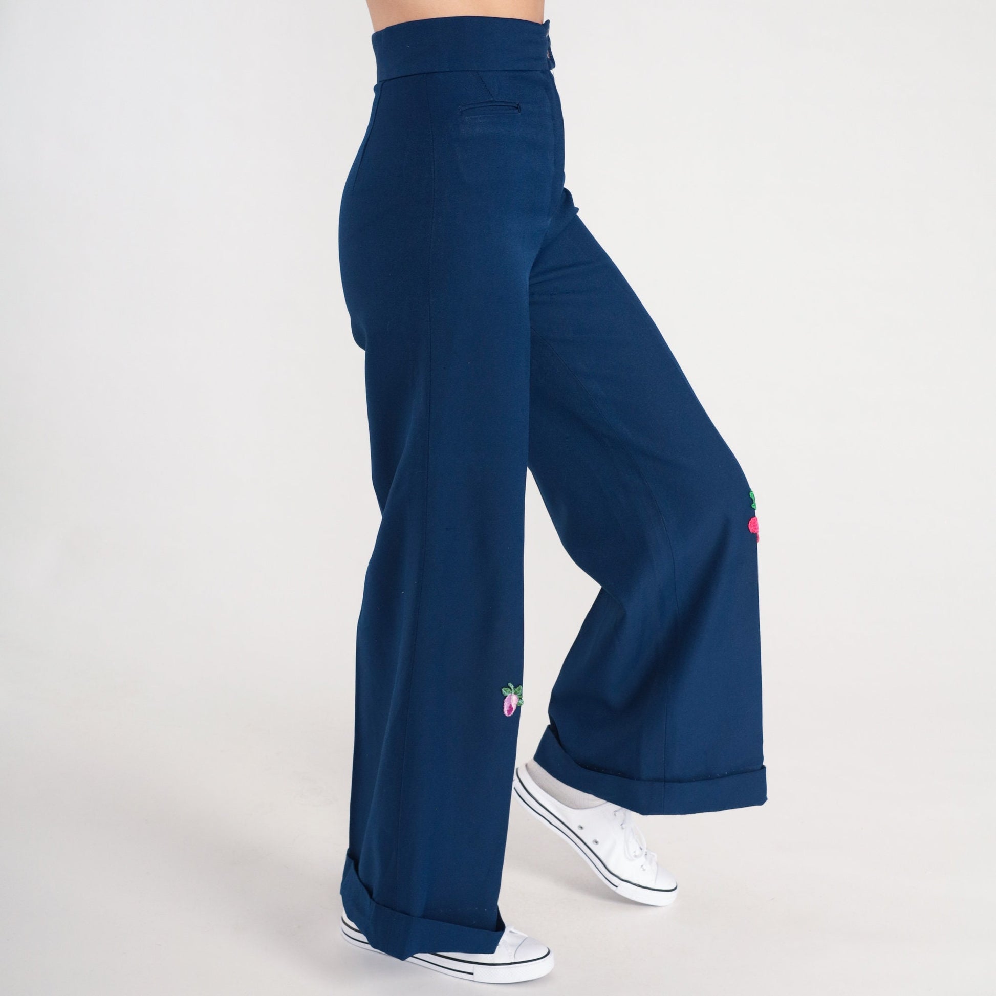 70s Dark Blue Bell Bottom Pants Cherry Flower Patch High Waist Extra Small