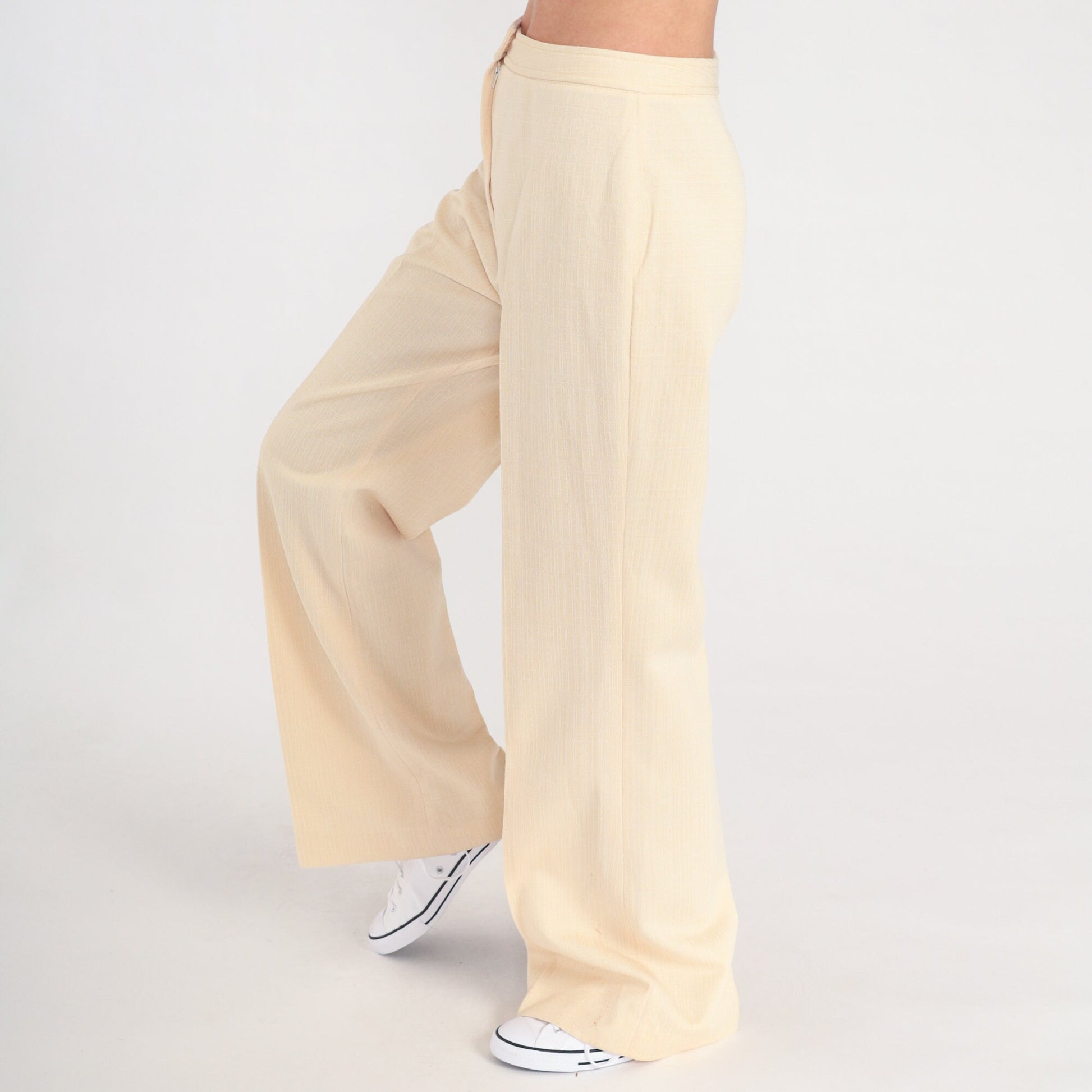 70s Pale Yellow Bell Bottom Pants High Waist Vintage Trousers Small