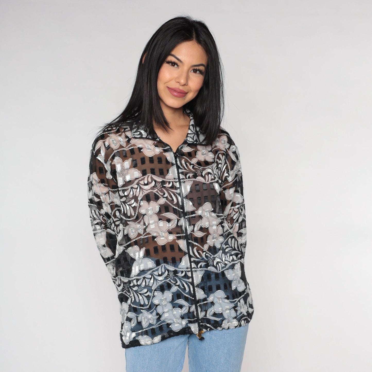 00s Sheer Orchid Floral Jacket Black White Zip Windbreaker Large L