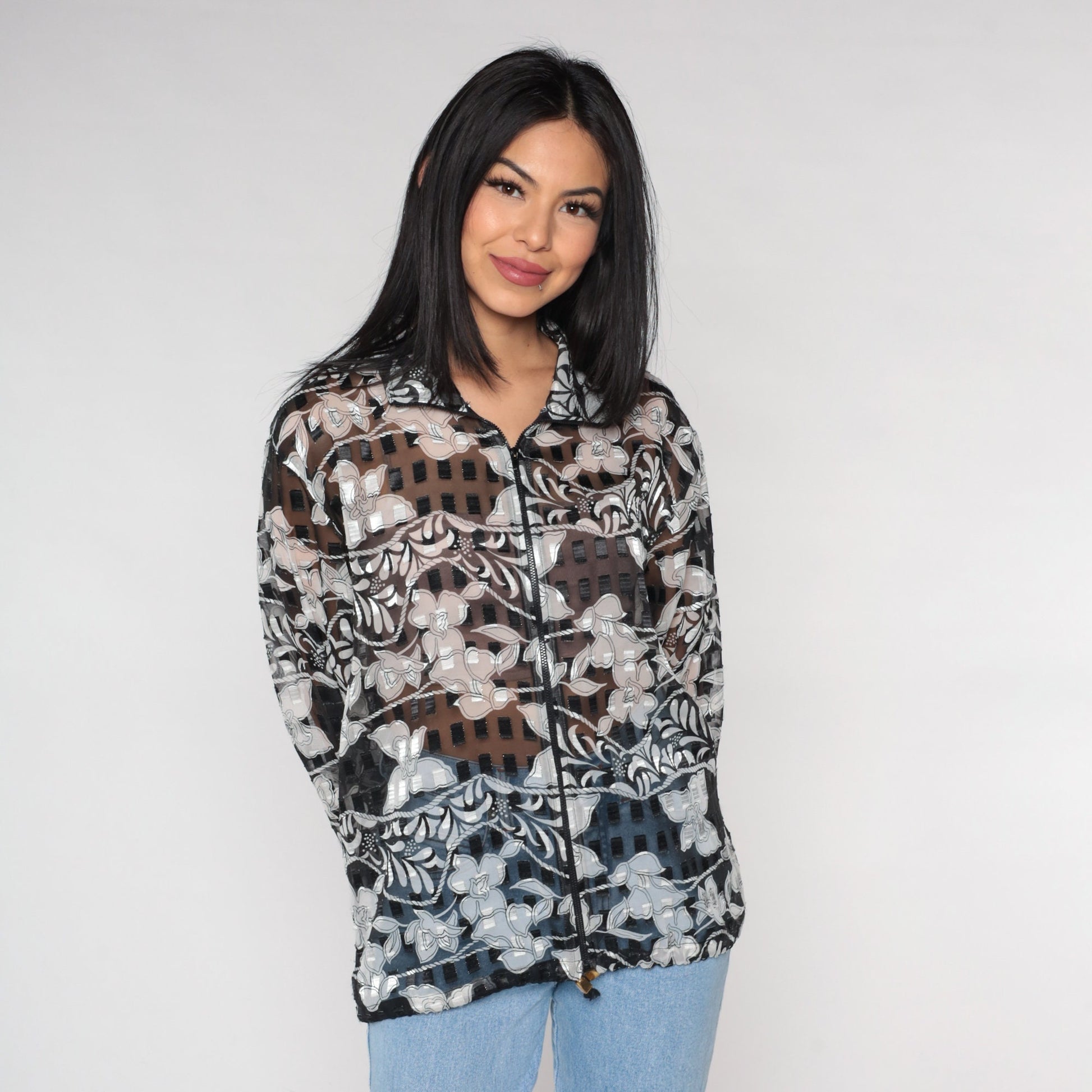 00s Sheer Orchid Floral Jacket Black White Zip Windbreaker Large L