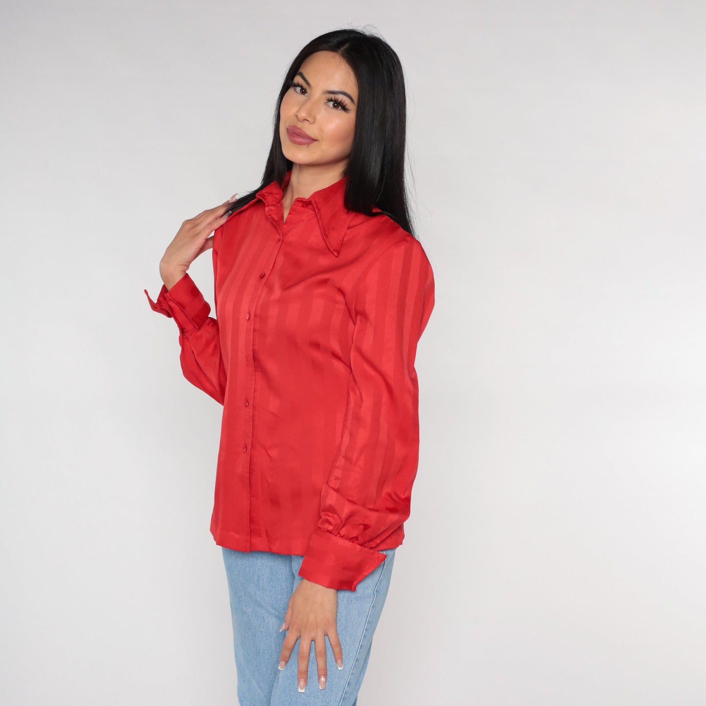 70s Red Striped Button-Up Blouse Dagger Collar Long Sleeve Medium