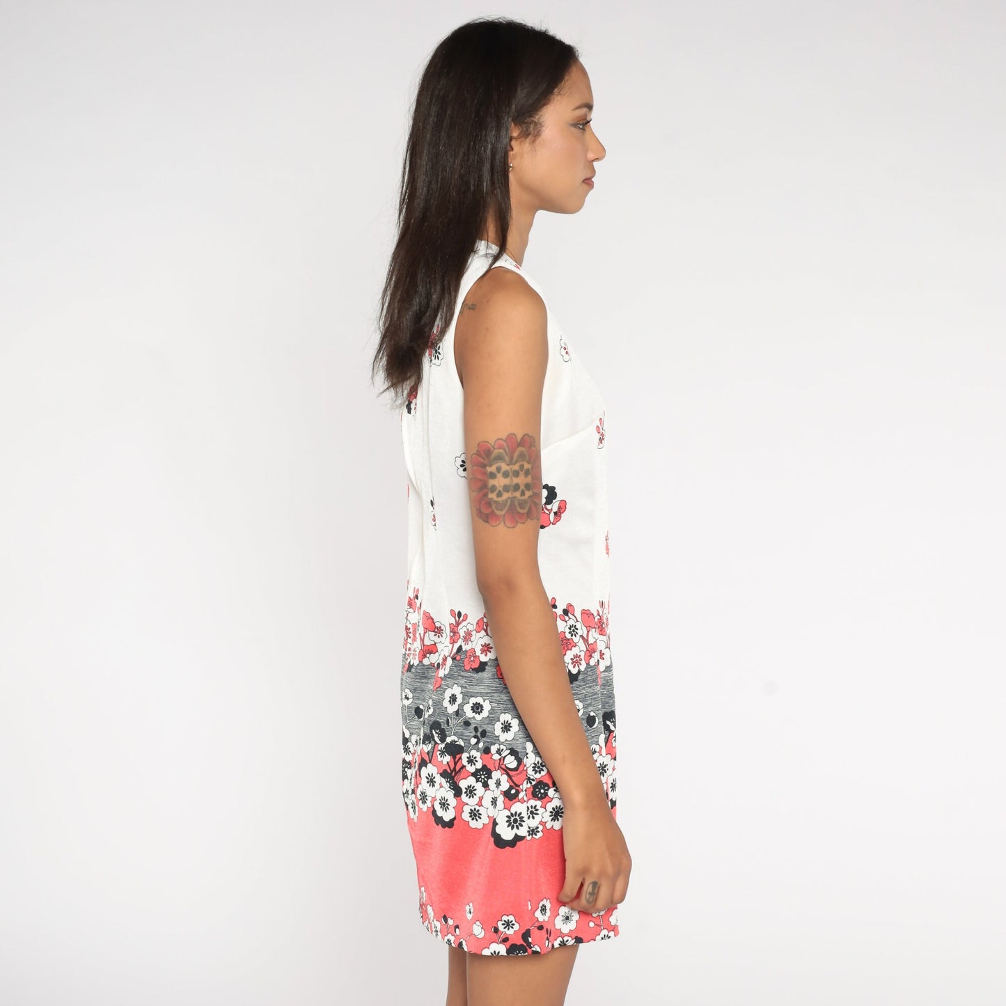 60s Floral Shift Dress Mini Sleeveless White Print Medium