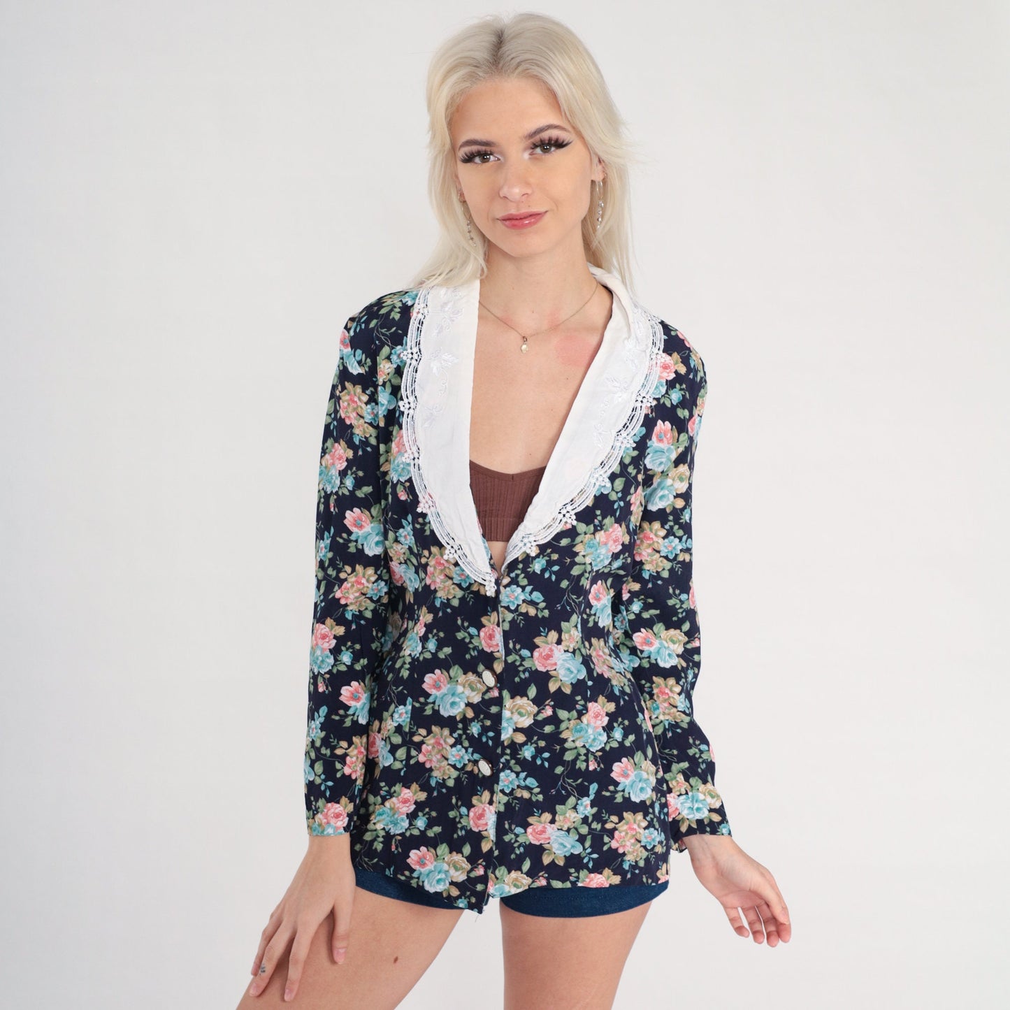 80s Floral Navy Button Up Blouse White Embroidered Collar Deep V Neck Small