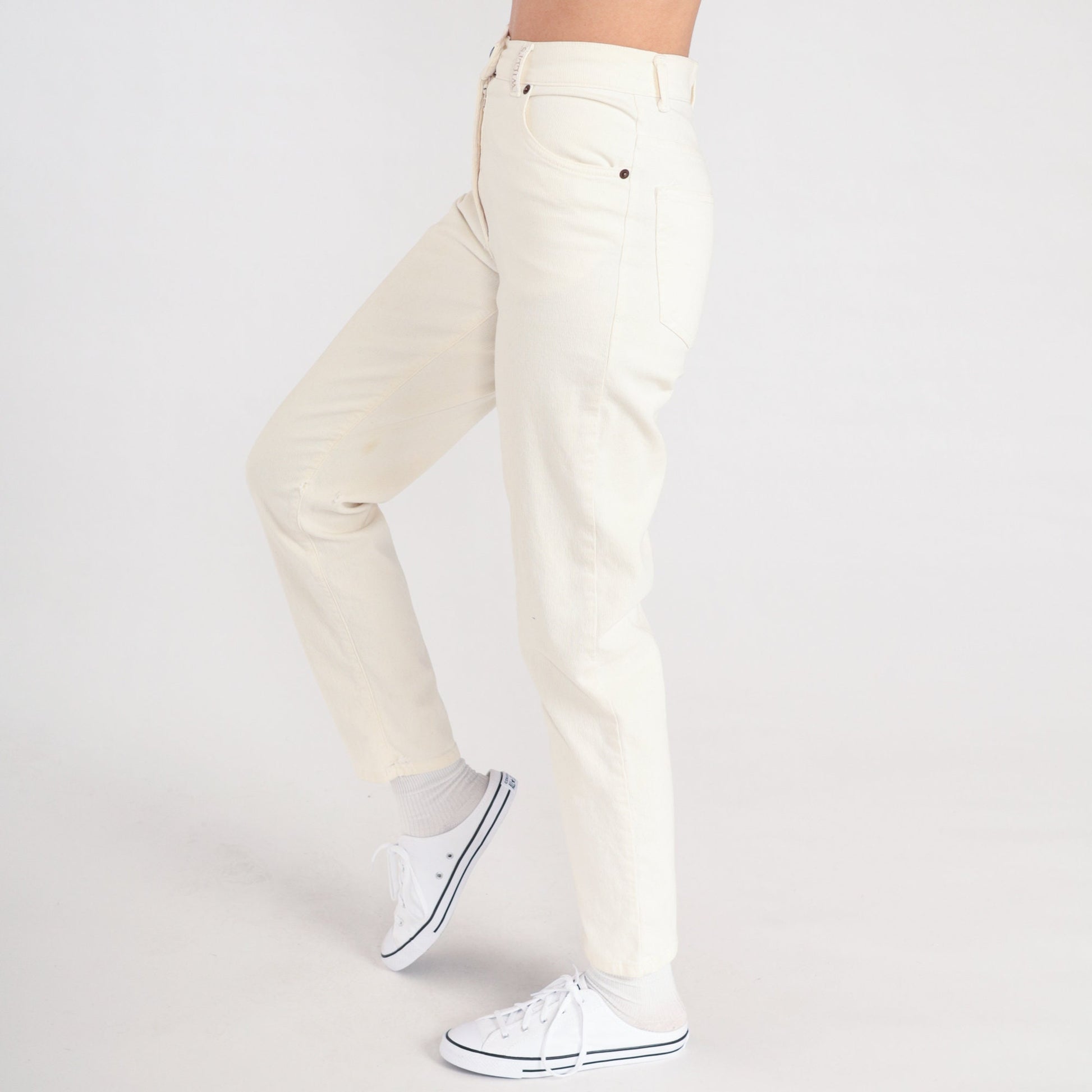 Y2K Cream Skinny Jeans High Waisted Ribbed Stretch Denim Small S