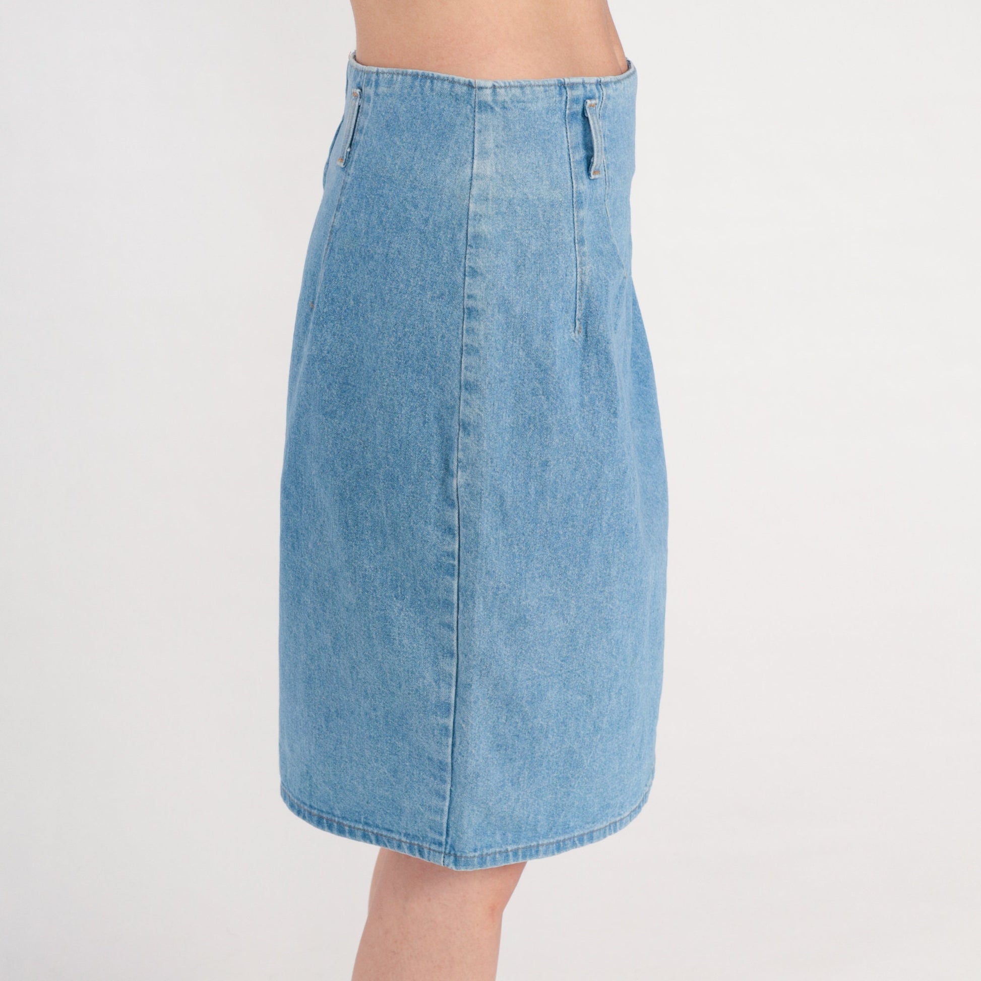 90s High Waisted Denim Pencil Skirt Blue Knee Length Cotton Medium