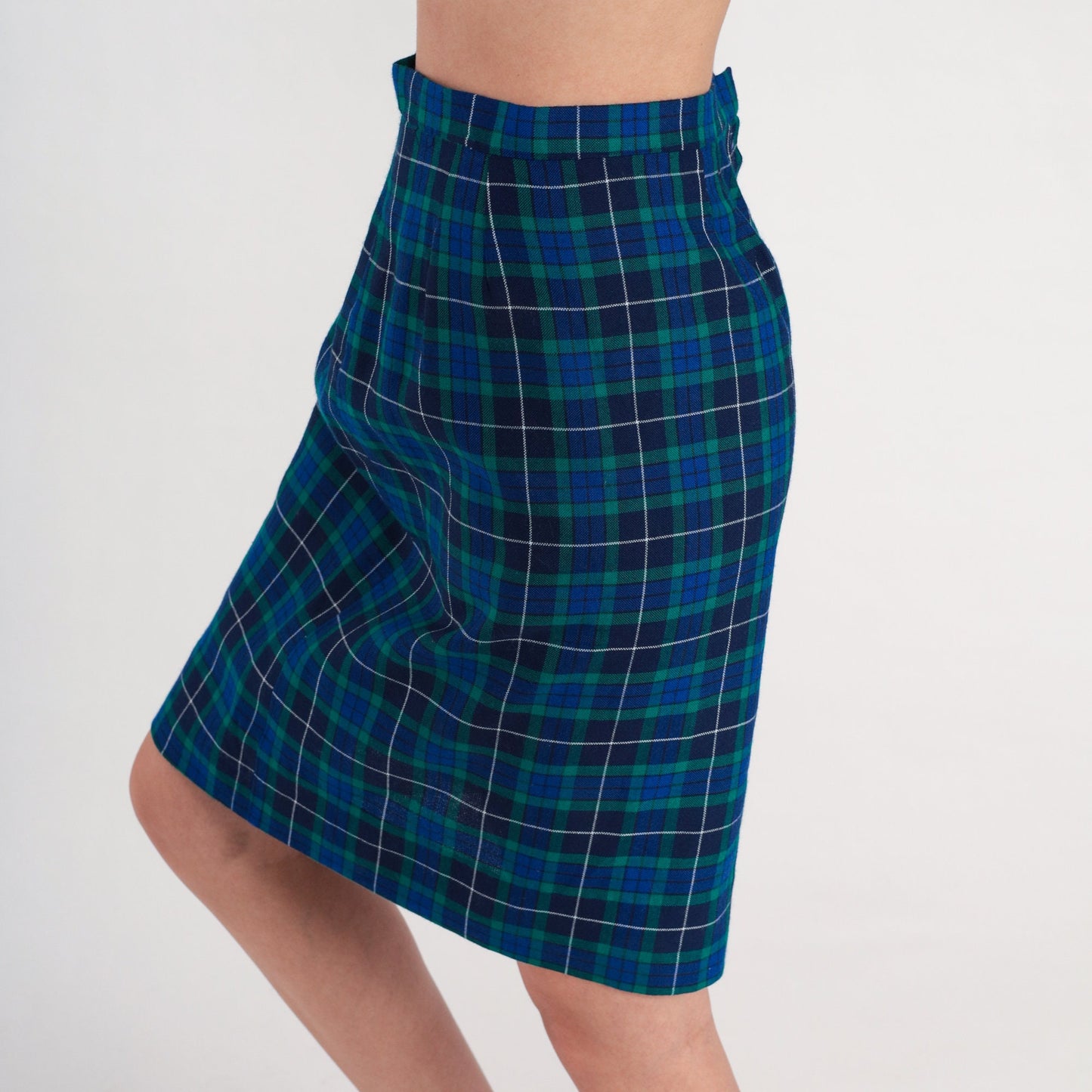 60s Navy Green Plaid Wool Skirt High Waisted Knee Length Small