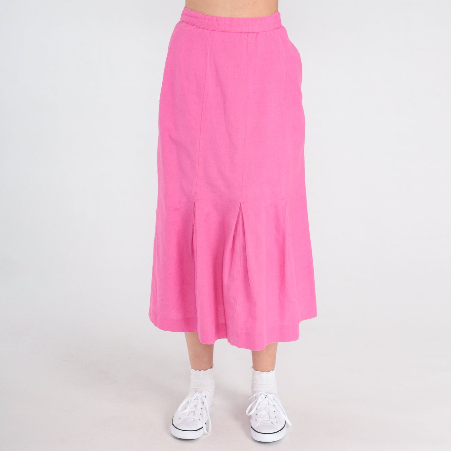 90s Bright Pink Pleated Midi Skirt High Waist Cotton Linen Extra Small