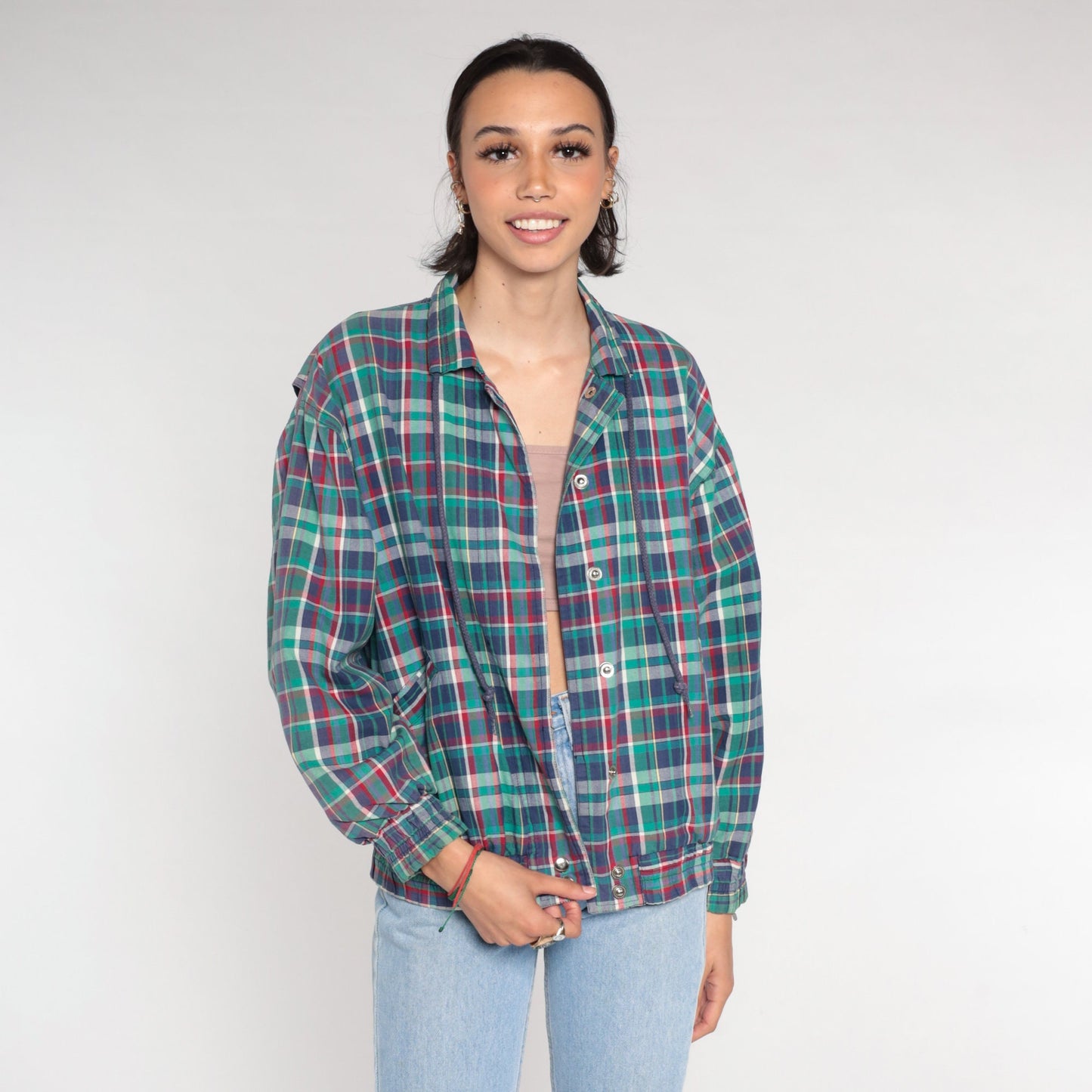 80s Plaid Windbreaker Snap Jacket Blue Red Green Small