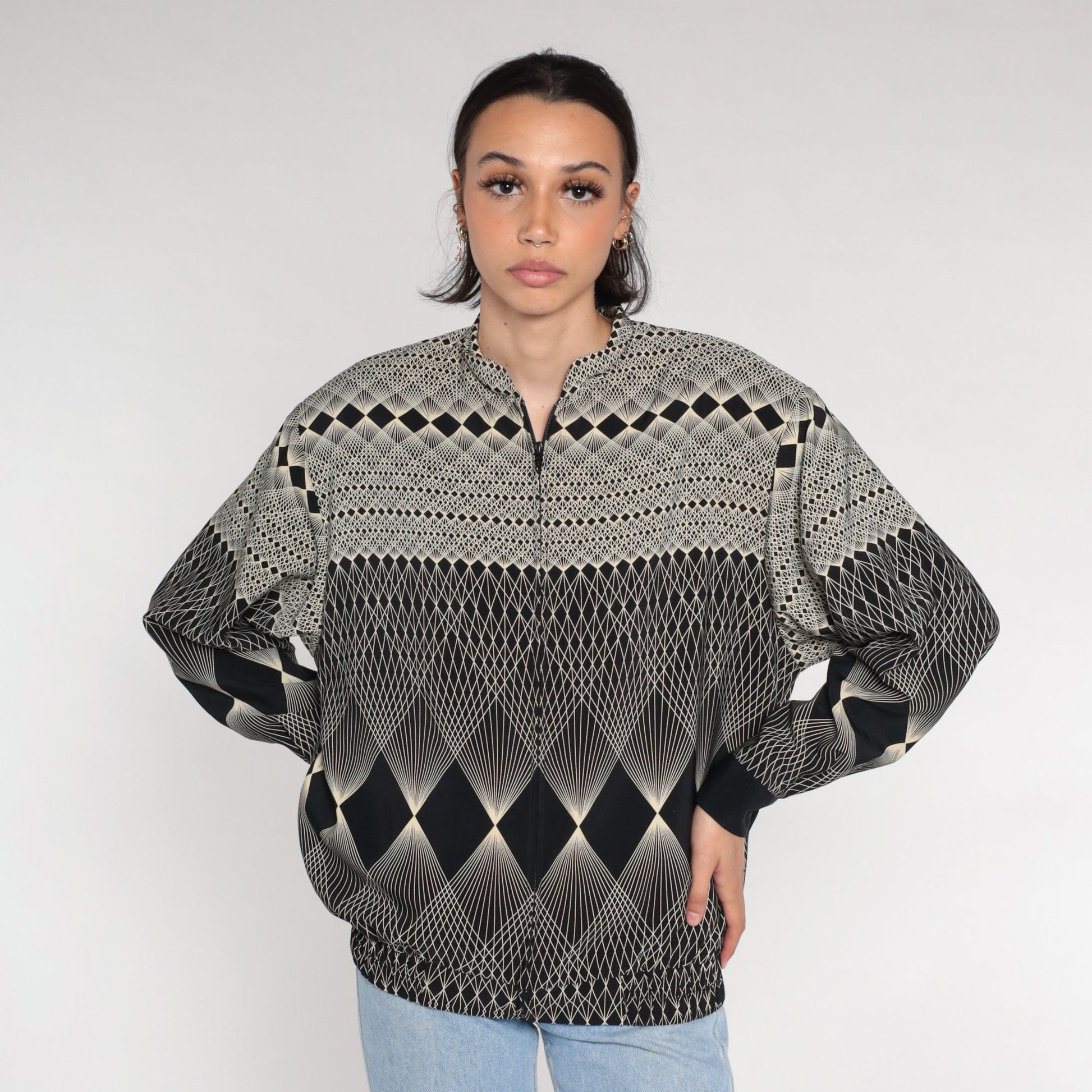 80s Op Art Bomber Jacket Black White Geometric Windbreaker Medium