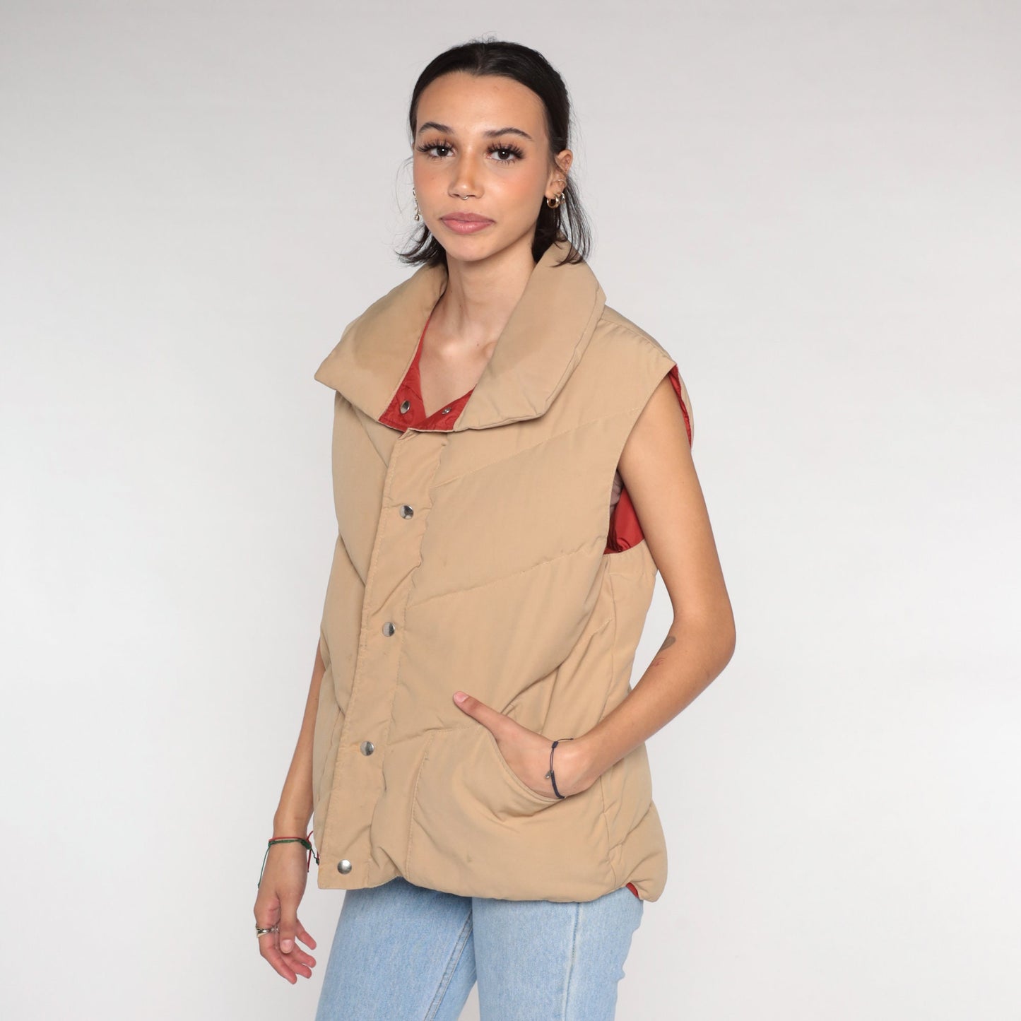 70s Reversible Puffer Vest Rust Brown Tan Down Nylon Snap Front Medium