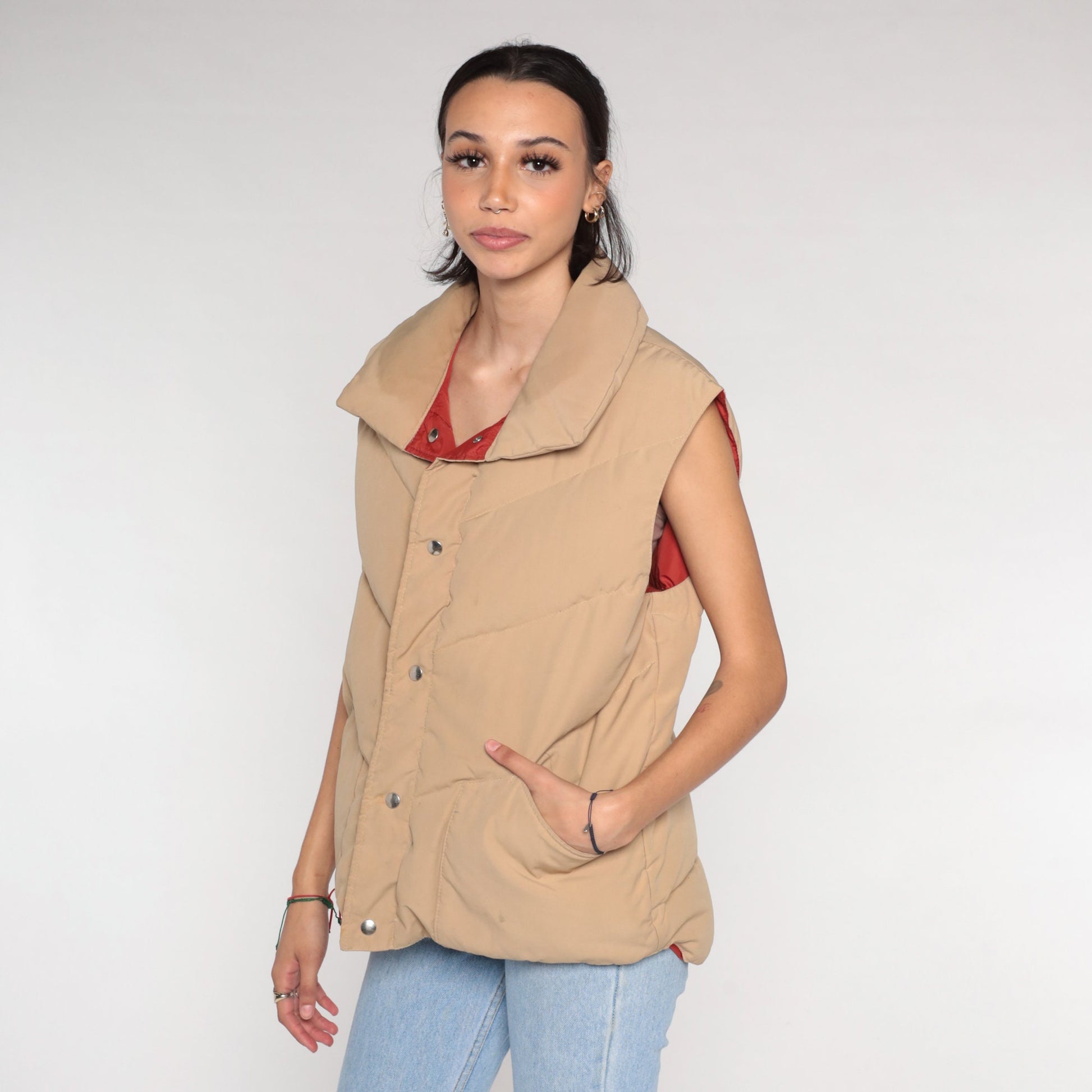 70s Reversible Puffer Vest Rust Brown Tan Down Nylon Snap Front Medium