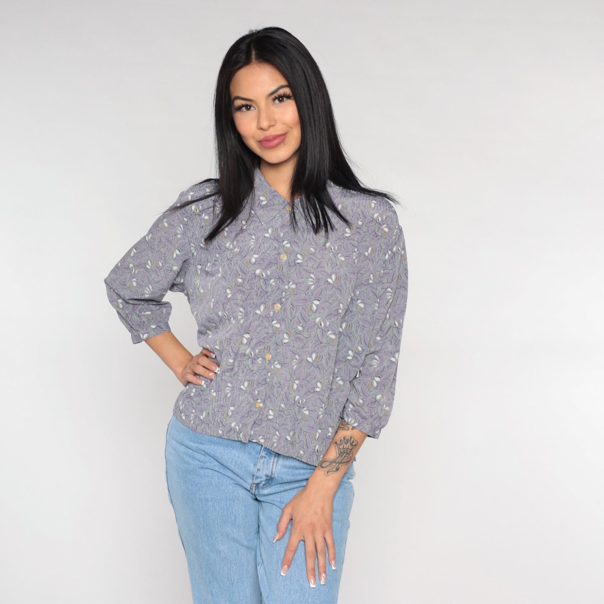 90s Leaf Floral Button-Up Blouse Purple Grey 3/4 Sleeve Pleated Shirt Large L