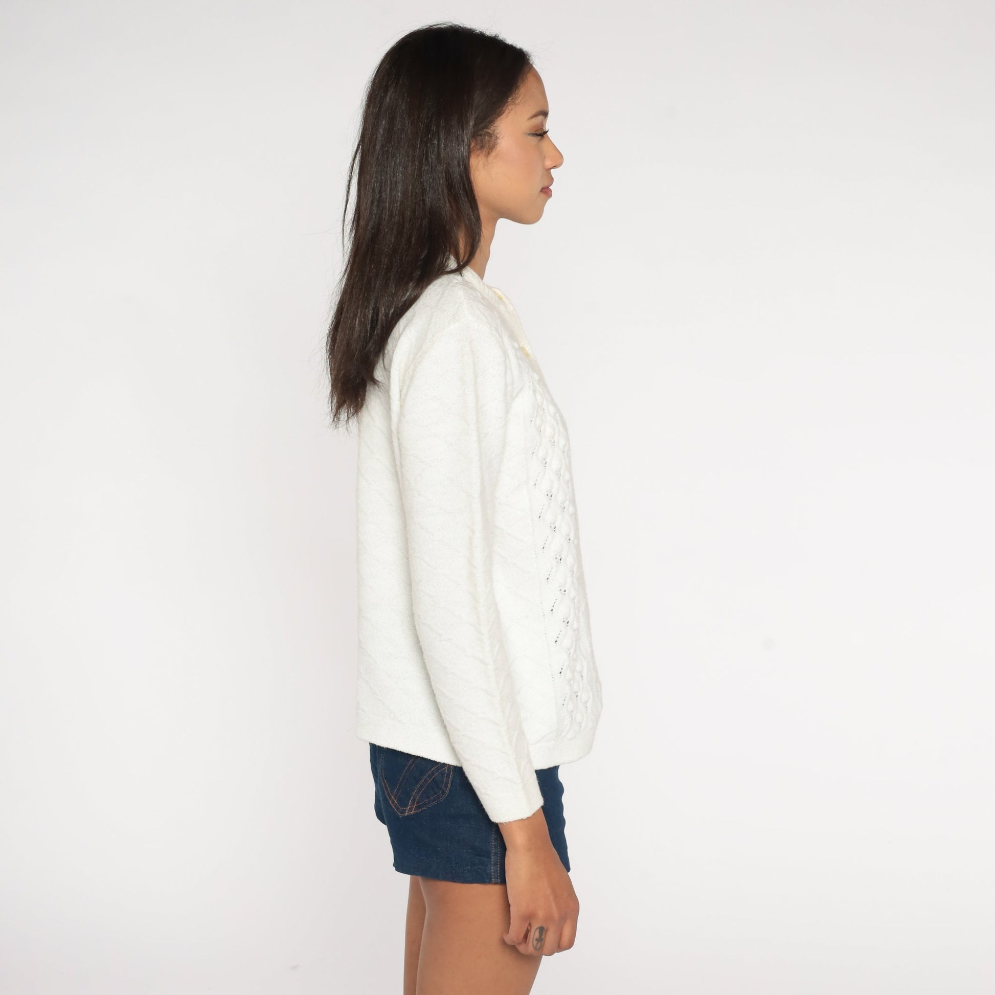 70s Pointelle Cardigan White Open Weave Button-Up Sweater Small S