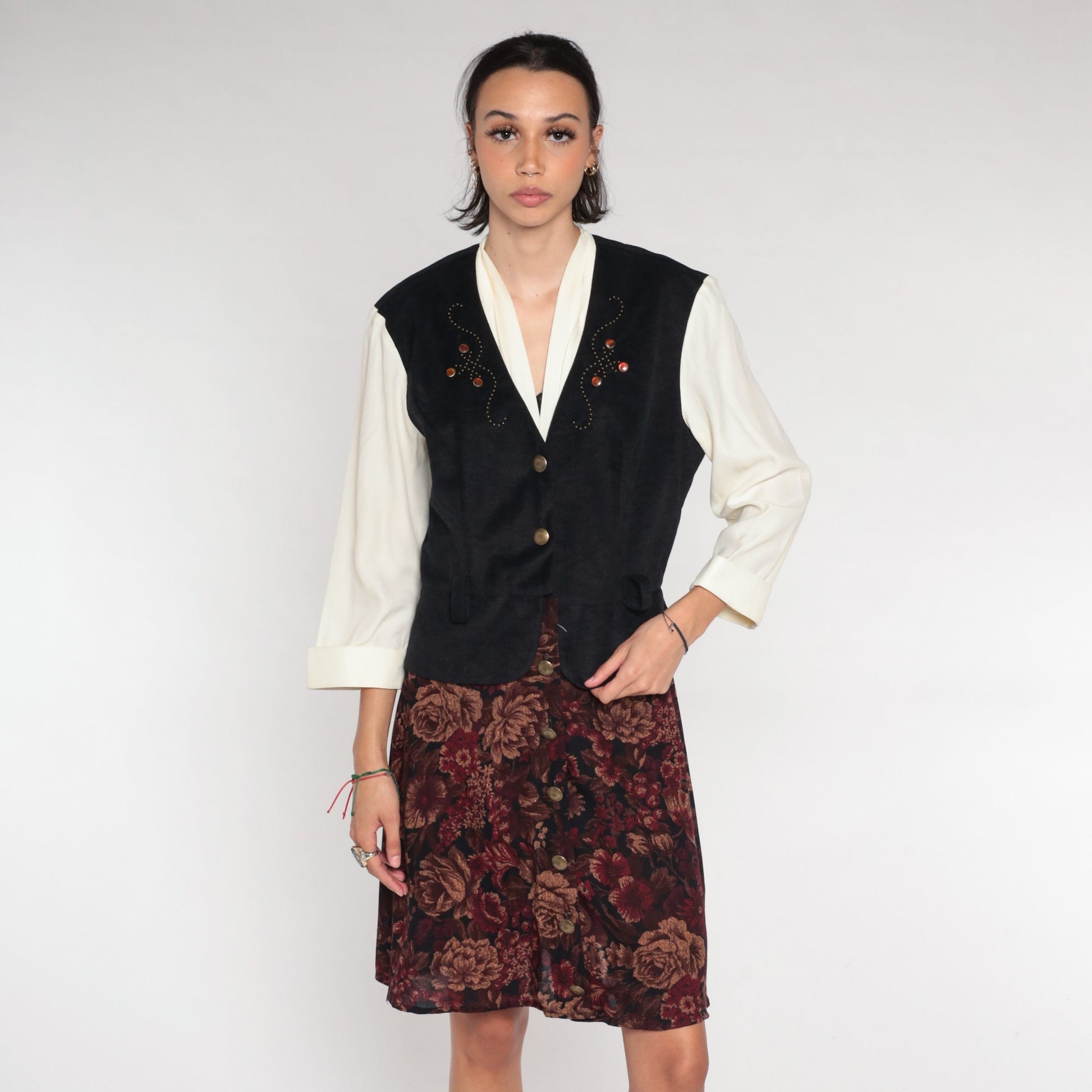 90s Layered Vest Dress White Floral Mini Button-Up Black Long Sleeve Medium