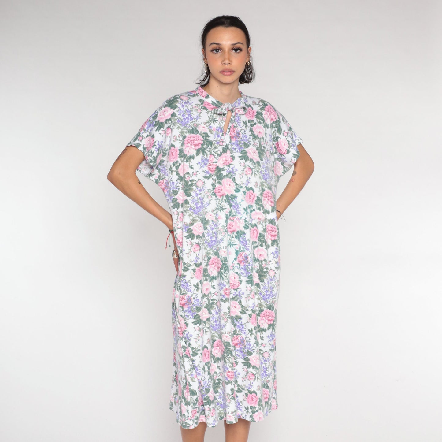 90s Floral Keyhole Tie Midi Dress White Rose Print Short Sleeve Large L