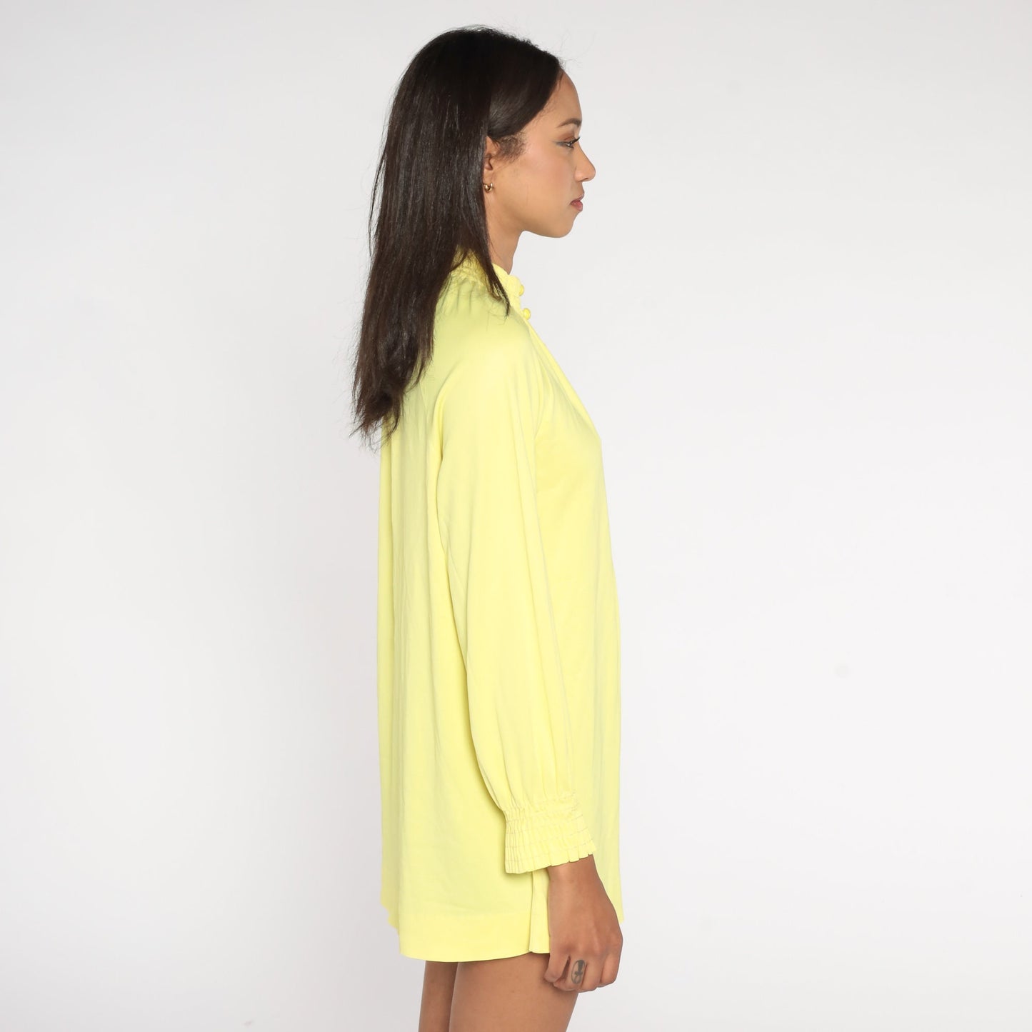70s Cole of California Yellow Button-Up Blouse Smocked Long Raglan Sleeve Medium Large