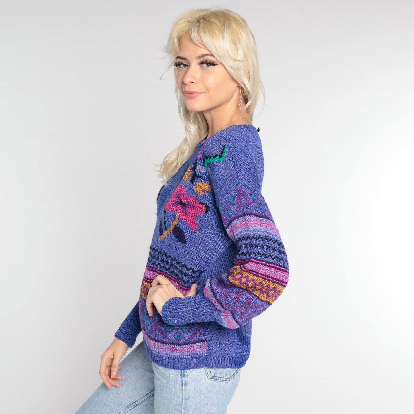 80s Purple Floral Geometric Knit Sweater Pullover Medium