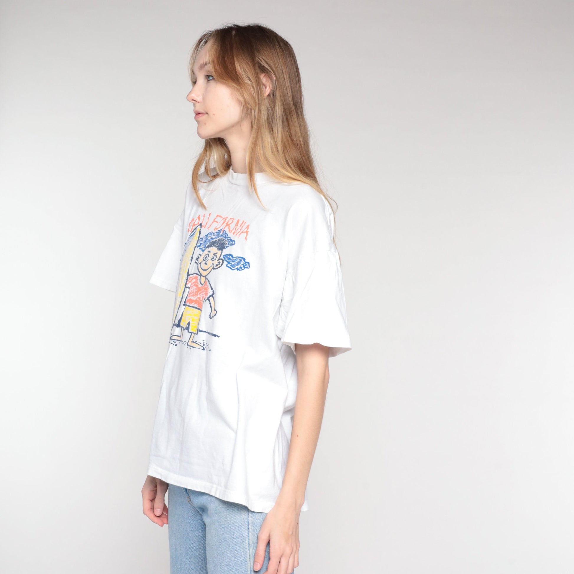 90s California Surfer Boy Graphic T-Shirt White Cotton Extra Large XL