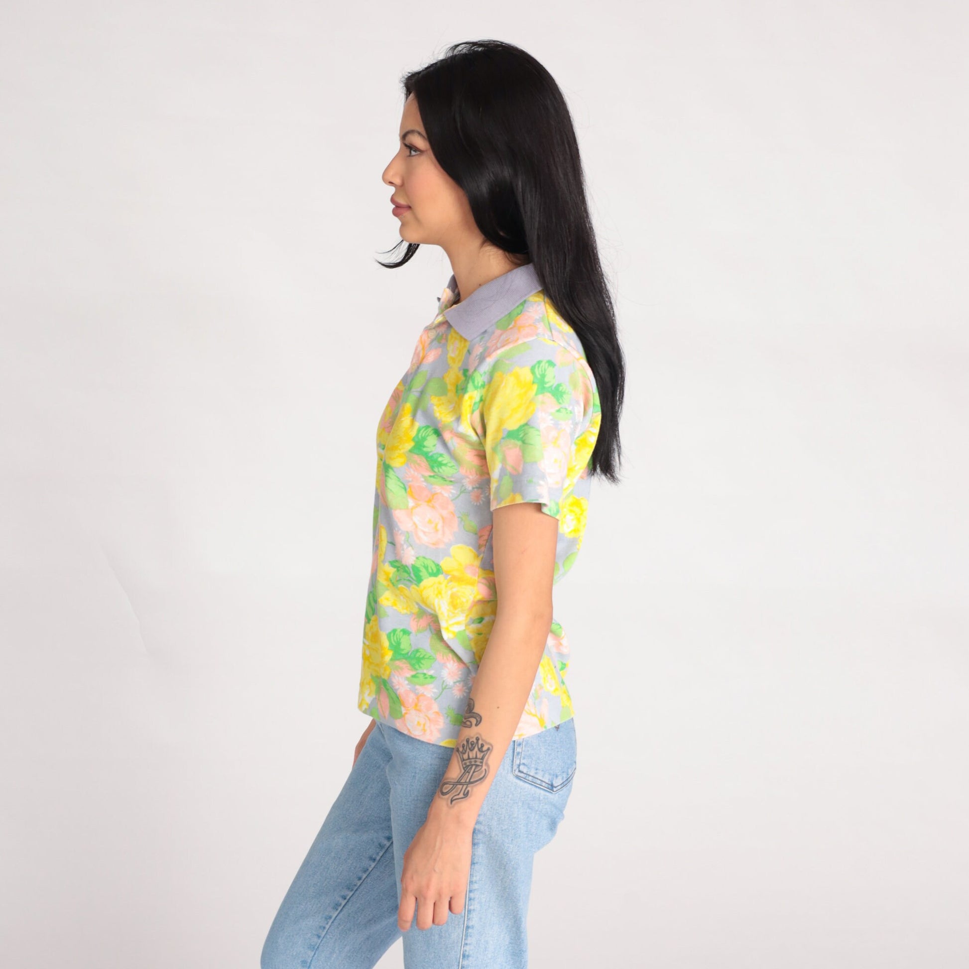 90s Floral Polo Shirt Yellow Flower Print Cotton Collared Small