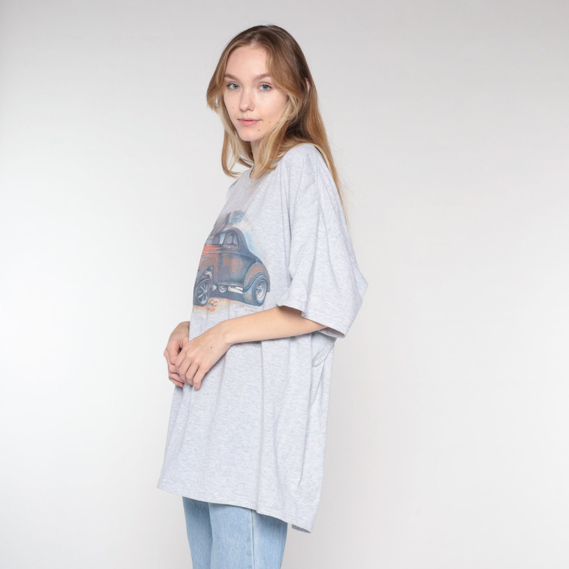 90s Jerzees Classic Car Graphic Tee Heather Grey Single Stitch Extra Extra Large XXL
