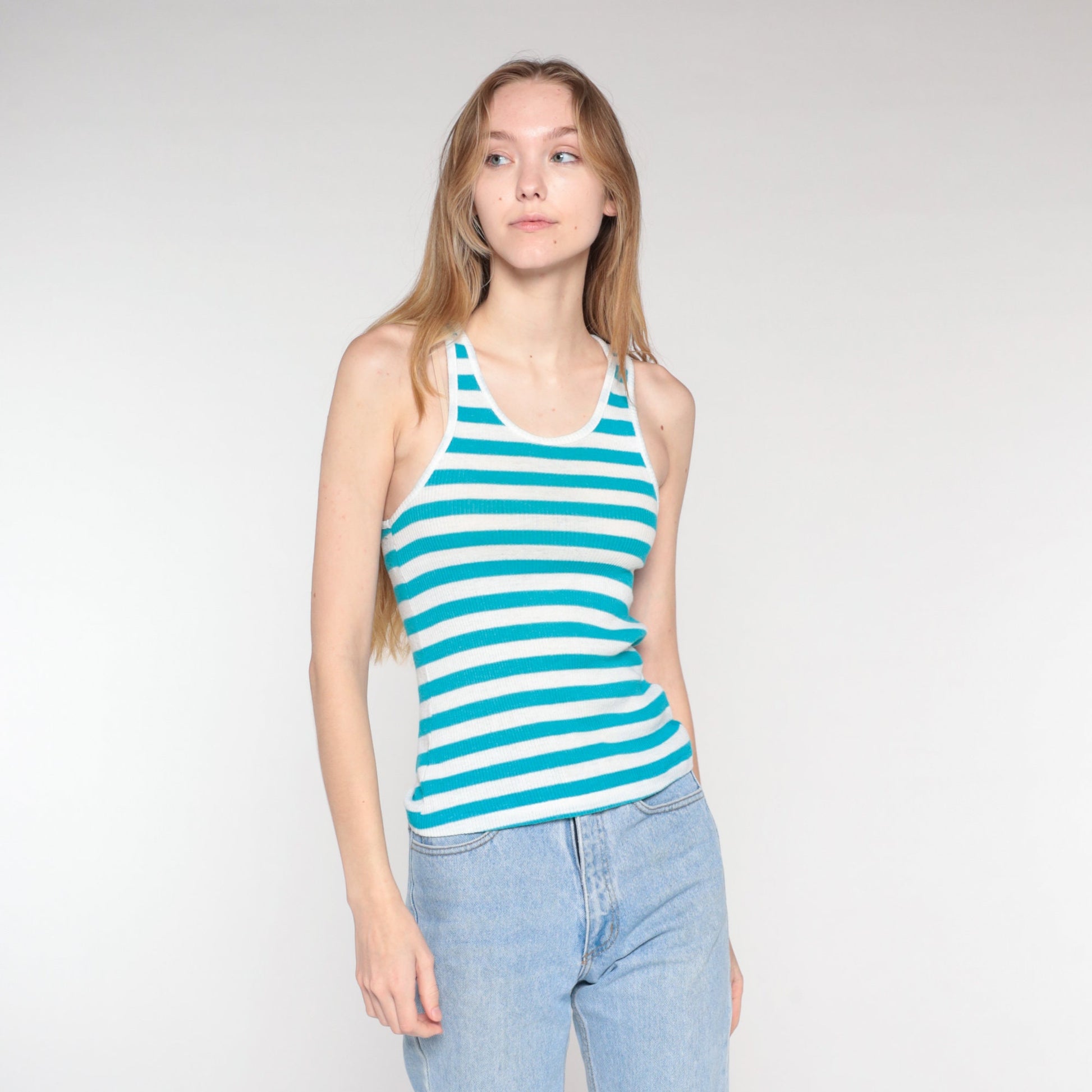 90s Blue White Striped Ribbed Tank Top Racerback XS