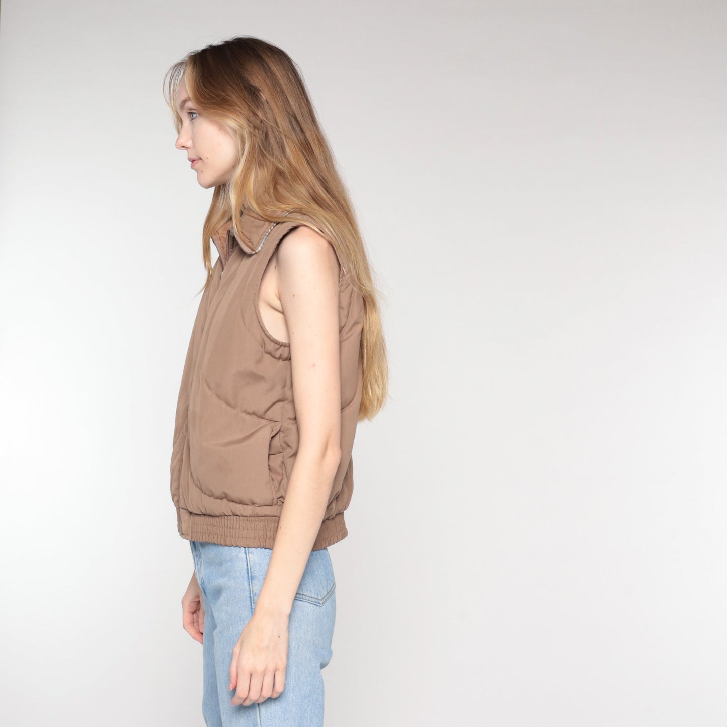 80s Brown Quilted Puffer Vest Zip Knit Collar Sleeveless Medium