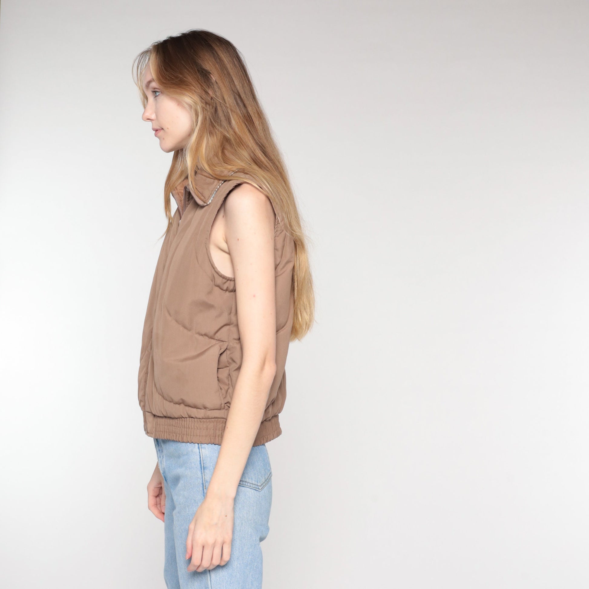 80s Brown Quilted Puffer Vest Zip Knit Collar Sleeveless Medium