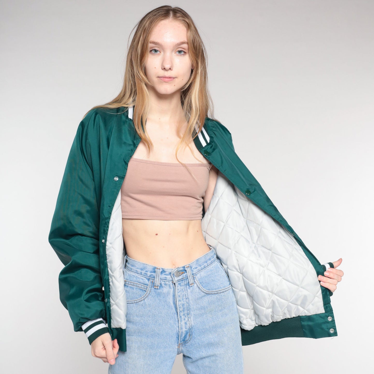 80s Pinelle's Bowlero Lanes Bomber Jacket Green Quilted Snap Coat Extra Large XL