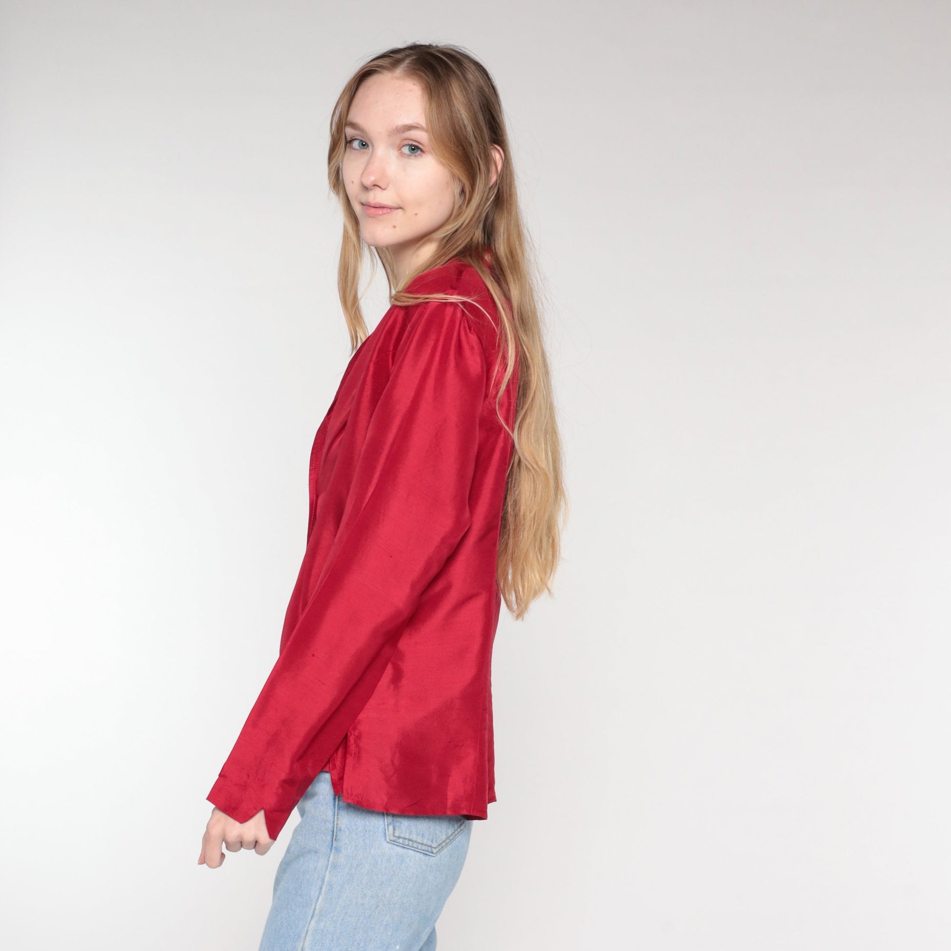 00s Red Silk Button-Up Blouse Long Sleeve Shirt Extra Large XL