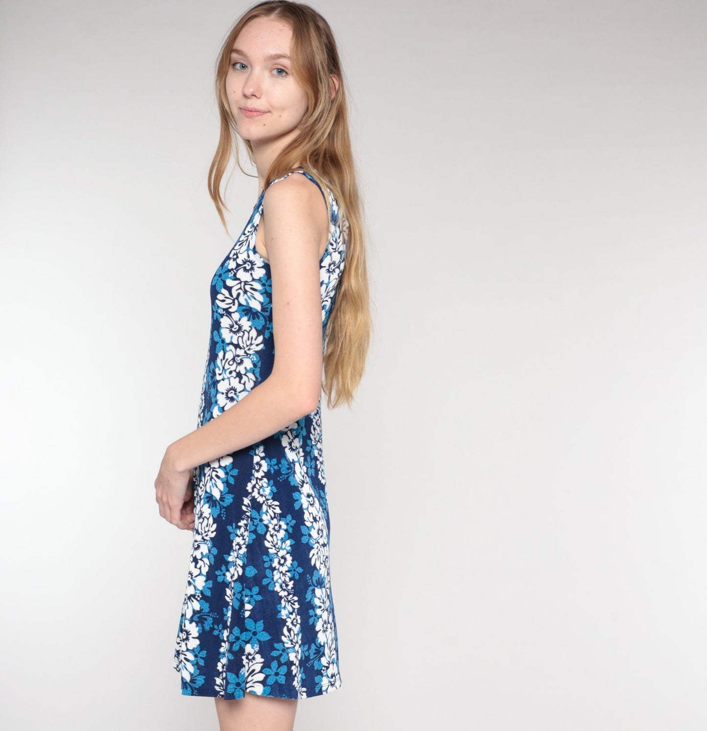 90s Blue Hawaiian Floral Mini Dress Sleeveless Shift Sundress Small
