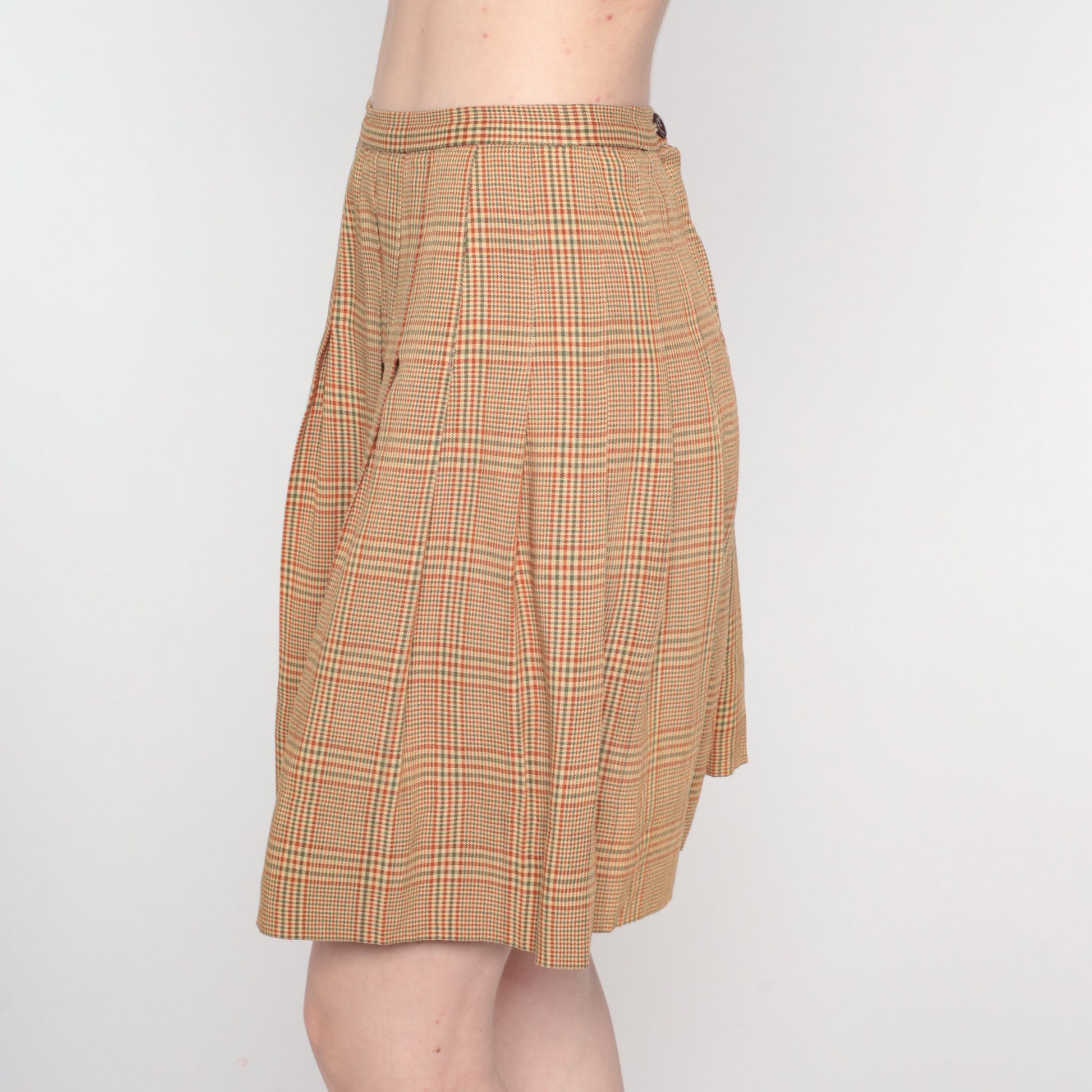 70s Plaid Mini Skirt High Waist Pleated Tan Orange Green Tartan Extra Small