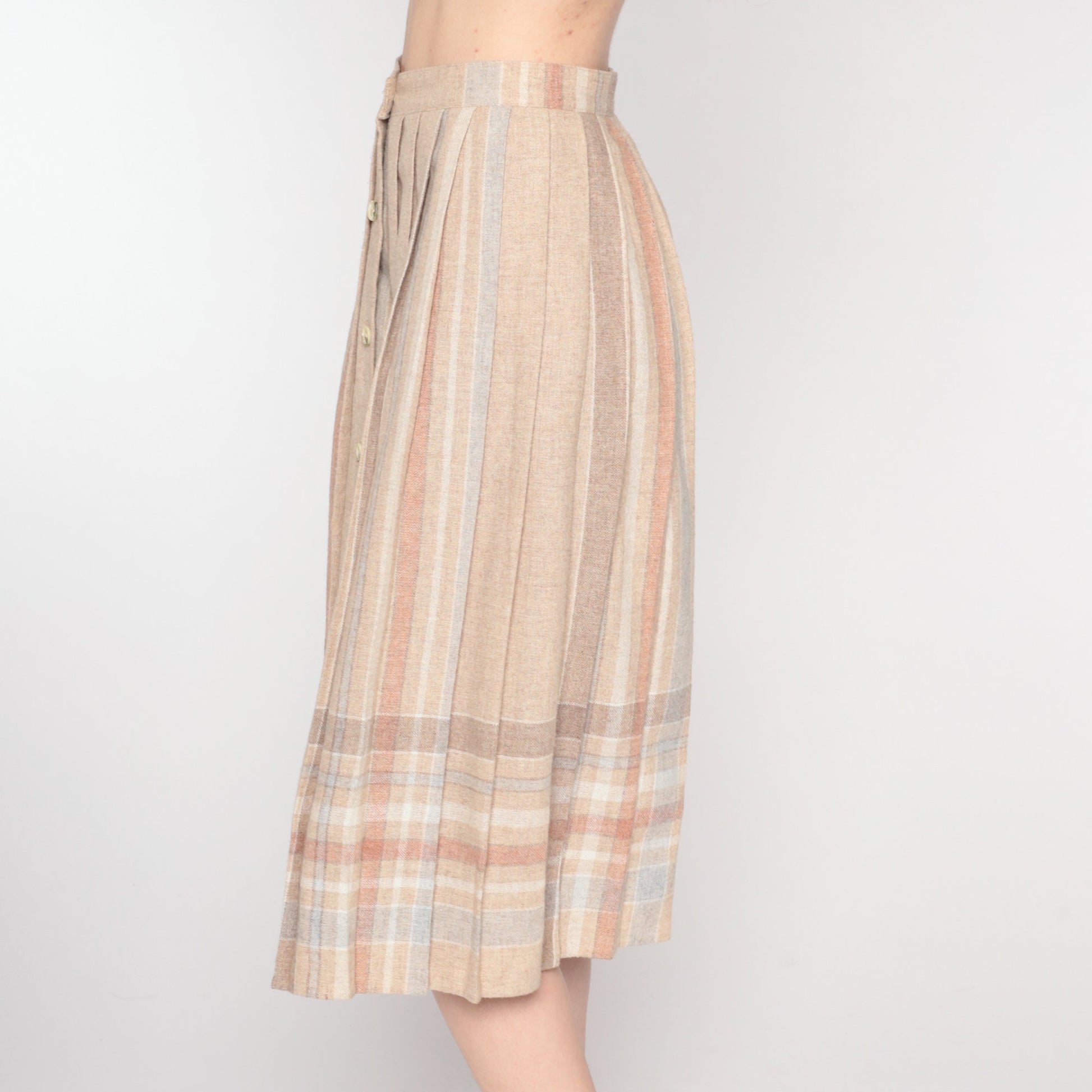 80s Tan Striped Pleated Midi Skirt High Waist Button Front Extra Small