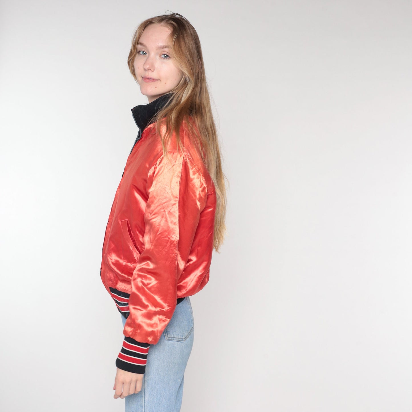 80s Red-Orange Baseball Bomber Jacket Quilted Lining Zip Up Medium